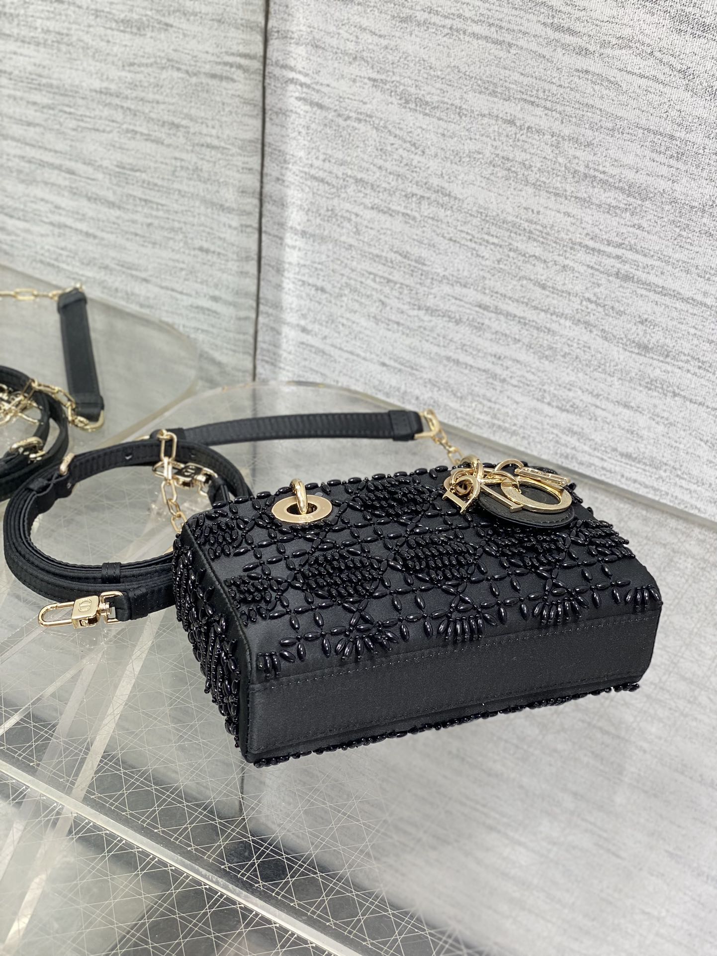 DIOR MINI LADY BAG 16 IN BLACK SATIN AND CALFSKIN WITH BEADED DESIGN
