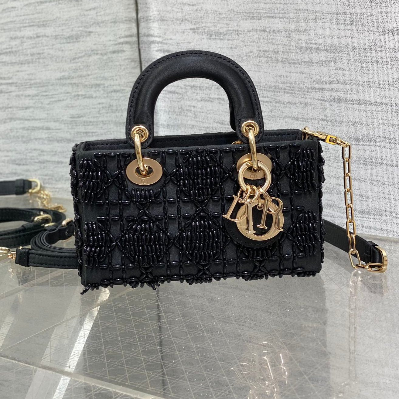 DIOR MINI LADY BAG 16 IN BLACK SATIN AND CALFSKIN WITH BEADED DESIGN