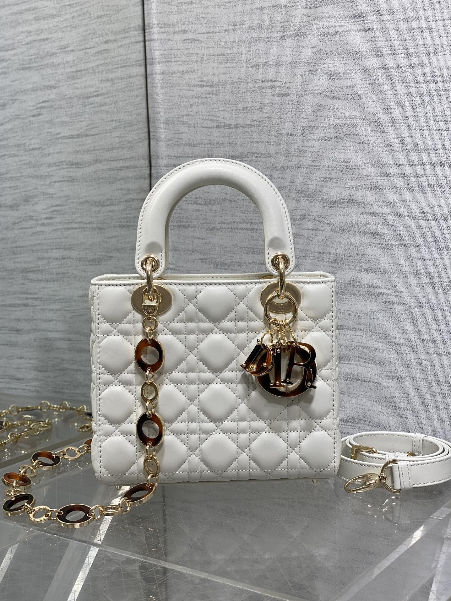 DIOR SMALL 20 LADY BAG IN WHITE MACROCANNAGE LAMBSKIN WITH GOLD HARDWARE