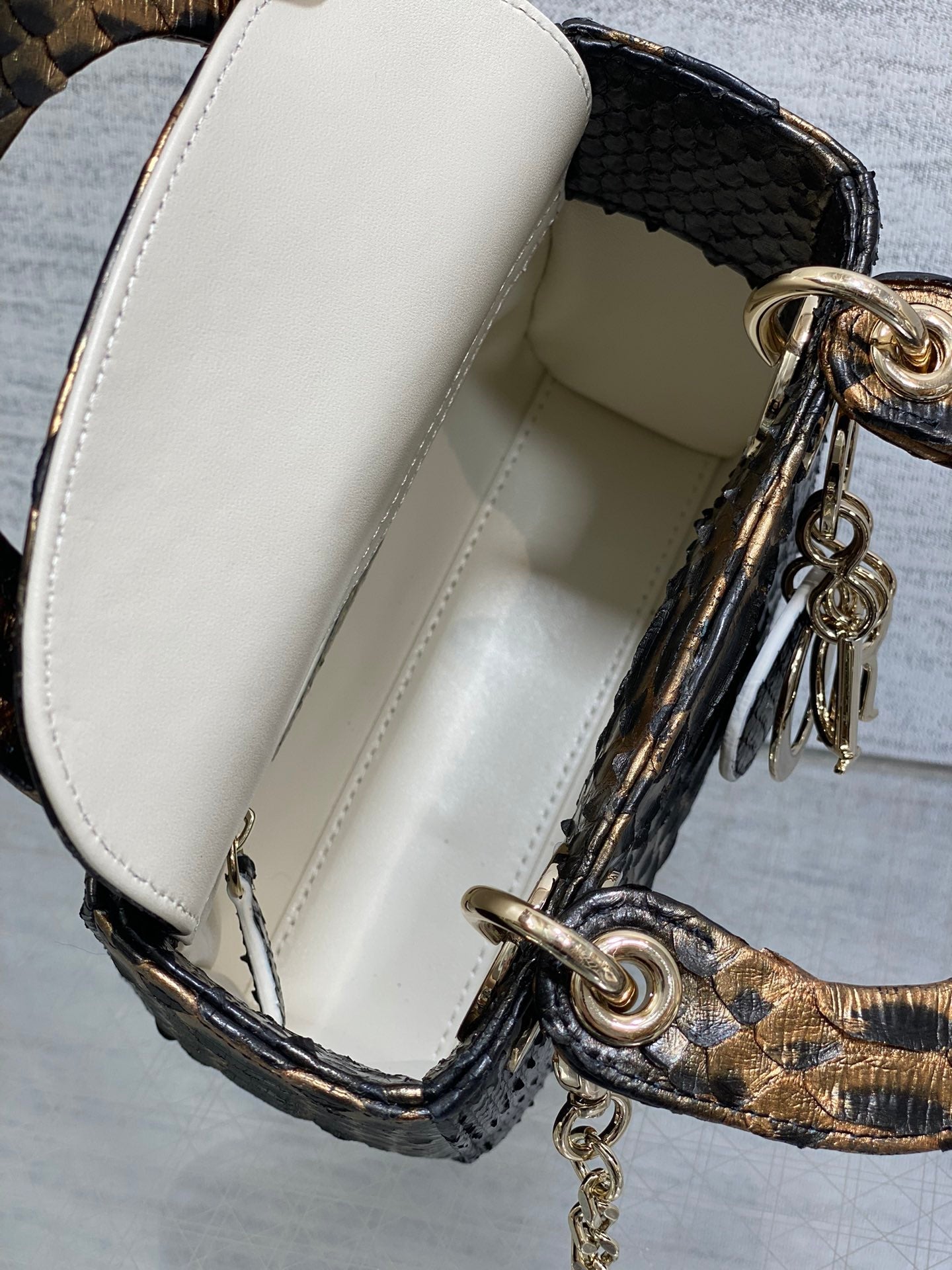 DIOR MINI 17 LADY BAG IN BLACK MIX COFFEE BROWN SNAKESKIN PATTERN LAMBSKIN