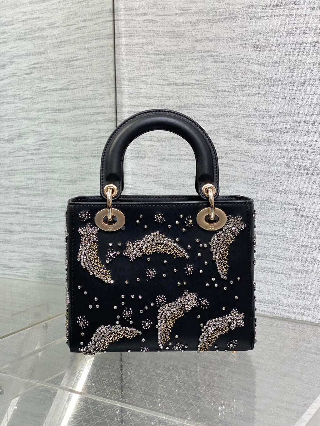 DIOR SMALL 20 BAG BLACK LAMBSKIN WITH SHOOTING STAR EMBROIDERY WOMEN