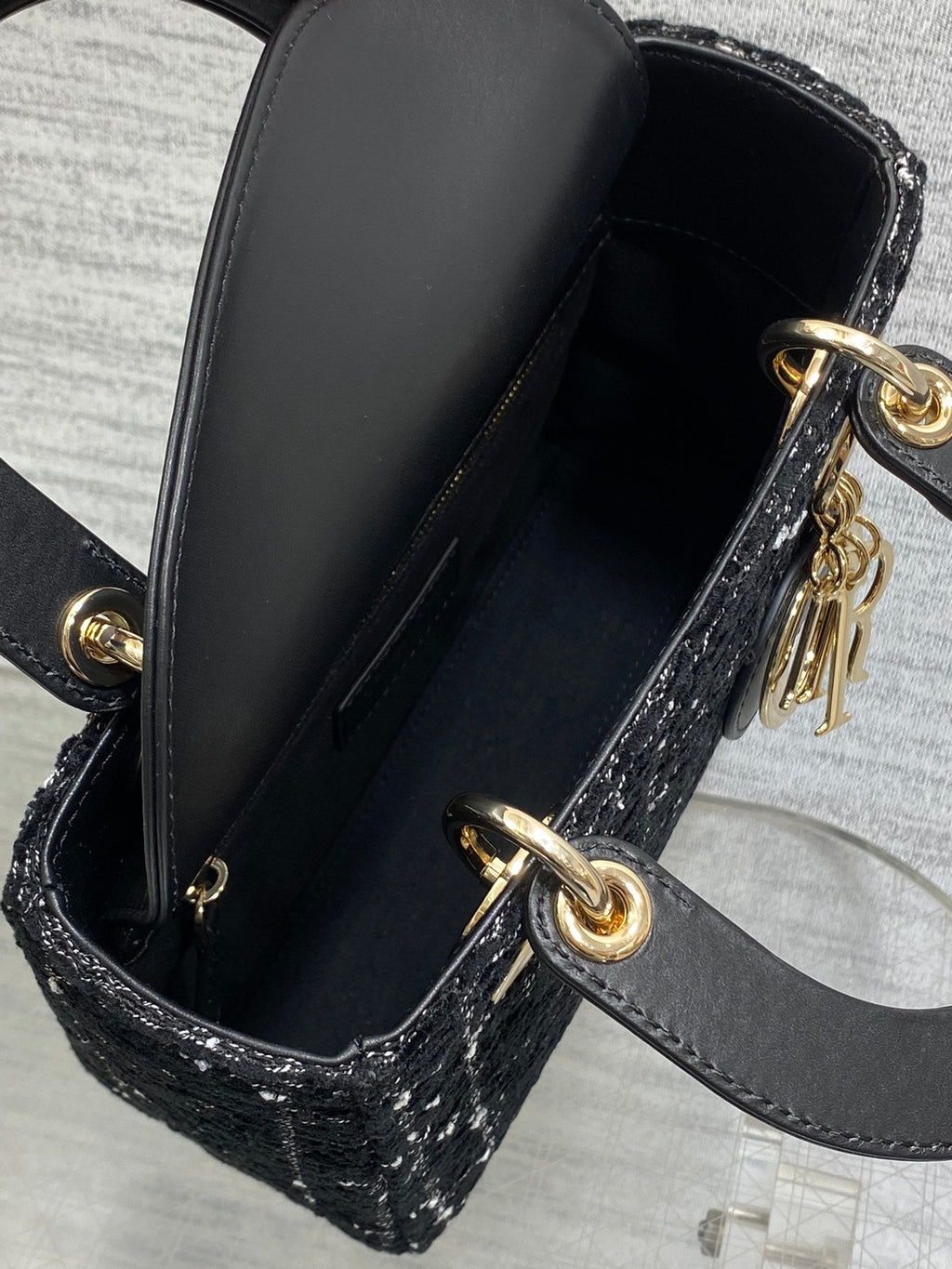 DIOR MINI 20 LADY BAG IN BLACK MIX WHITE CANNAGE TWEED WITH GOLD HARDWARE