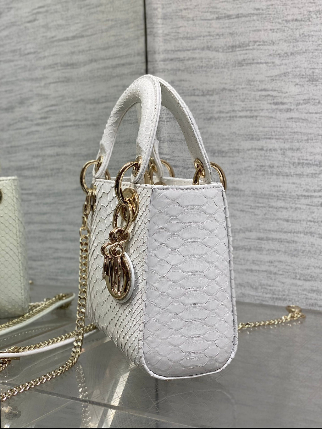 DIOR MINI 17 LADY BAG IN WHITE SNAKESKIN PATTERN LAMBSKIN