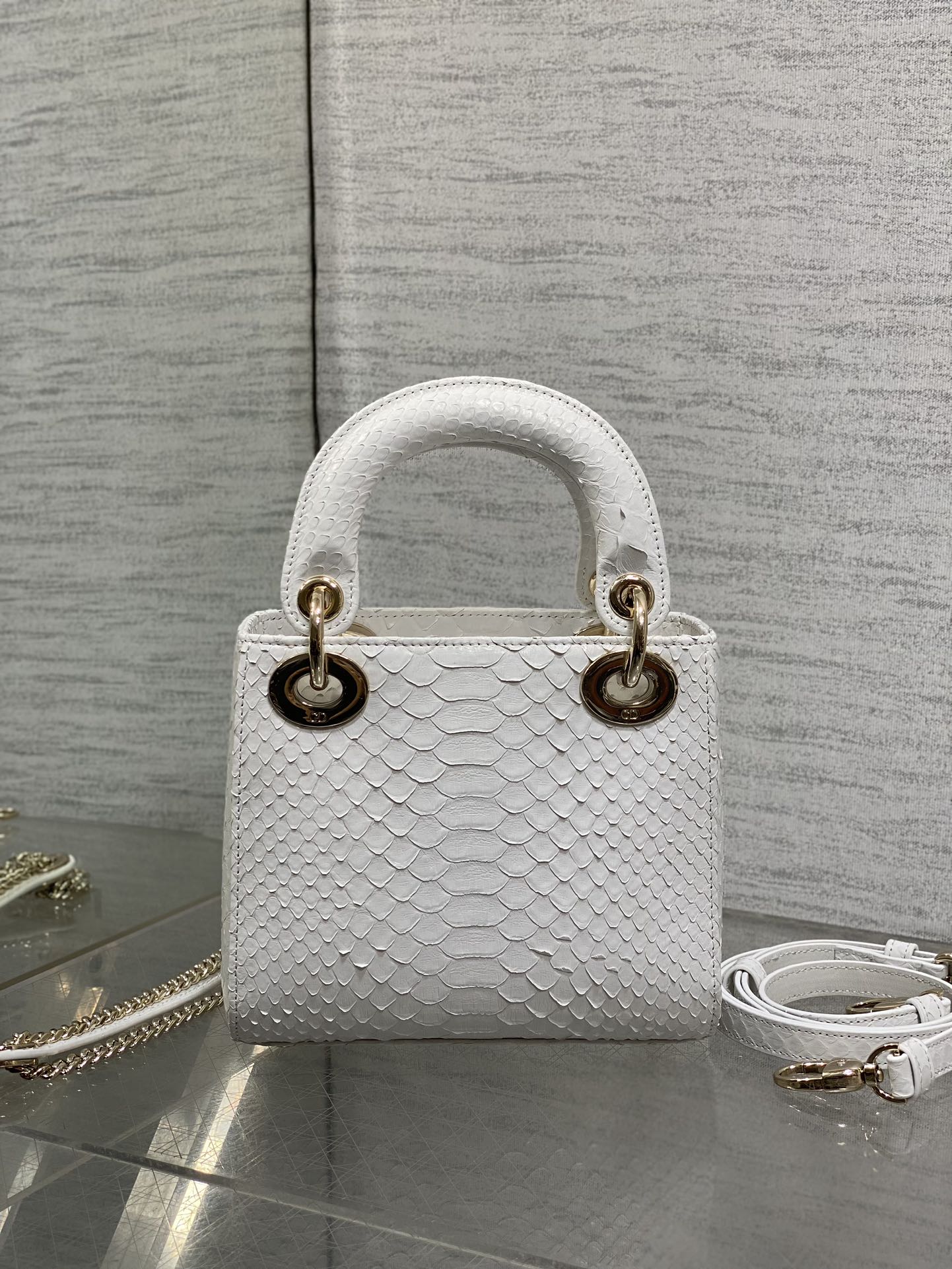 DIOR MINI 17 LADY BAG IN WHITE SNAKESKIN PATTERN LAMBSKIN