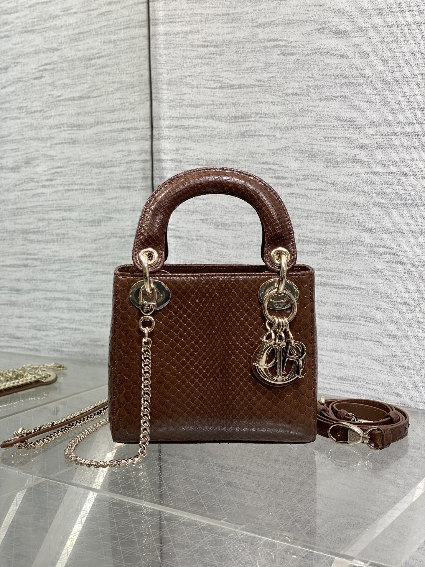 DIOR MINI 17 LADY BAG IN PEACAN BROWN METALLIC LAMBSKIN