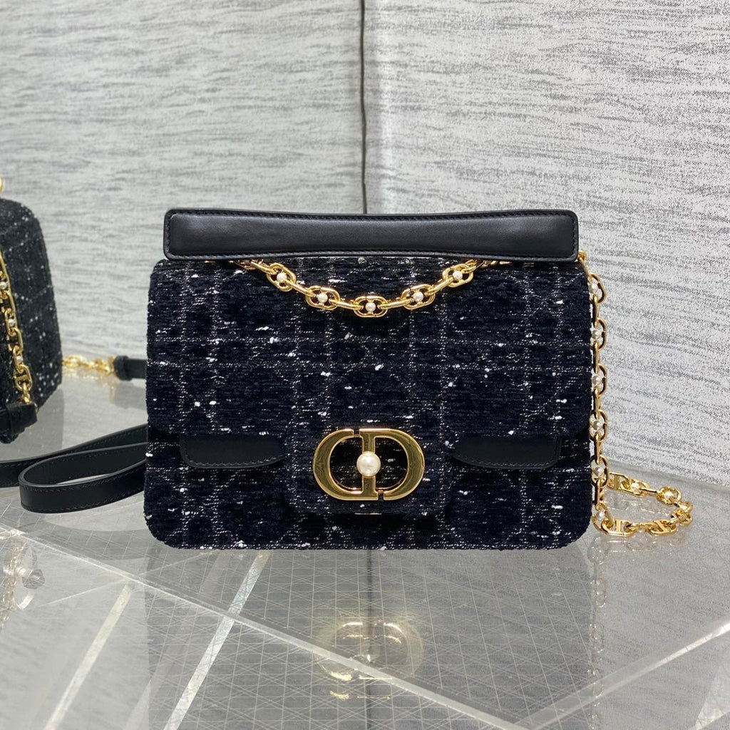 DIOR SMALL 22 JOLIE TOP HANDLE BAG IN BLACK MIX WHITE CANNAGE TWEED