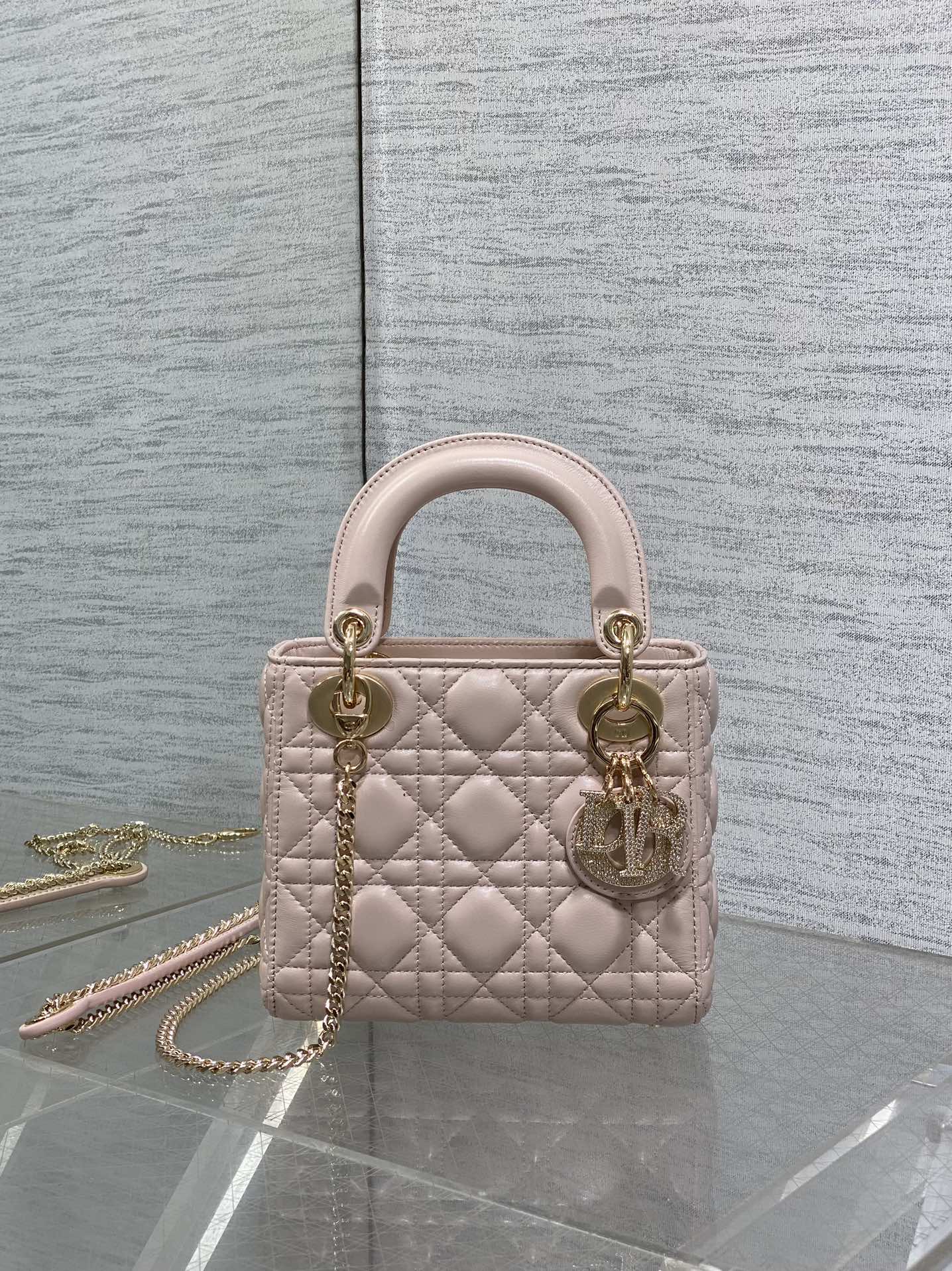 DIOR 25S MINI LADY  BAG 17 IN PINK CALFSKIN CHARM CRYSTAL EMBELLISHMENTS