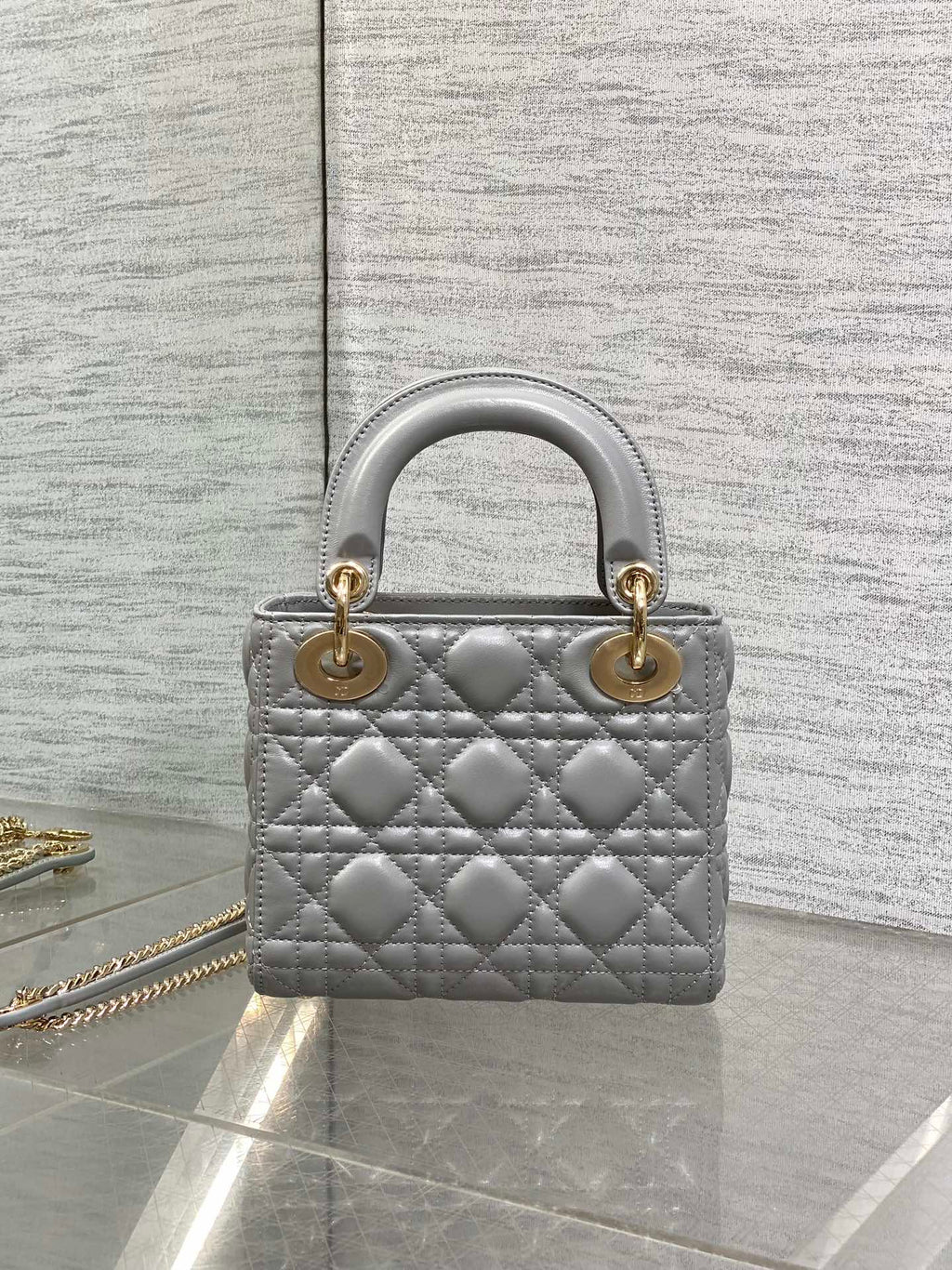 DIOR 25S MINI LADY  BAG 17 IN DARK GRAY CALFSKIN CHARM CRYSTAL EMBELLISHMENTS