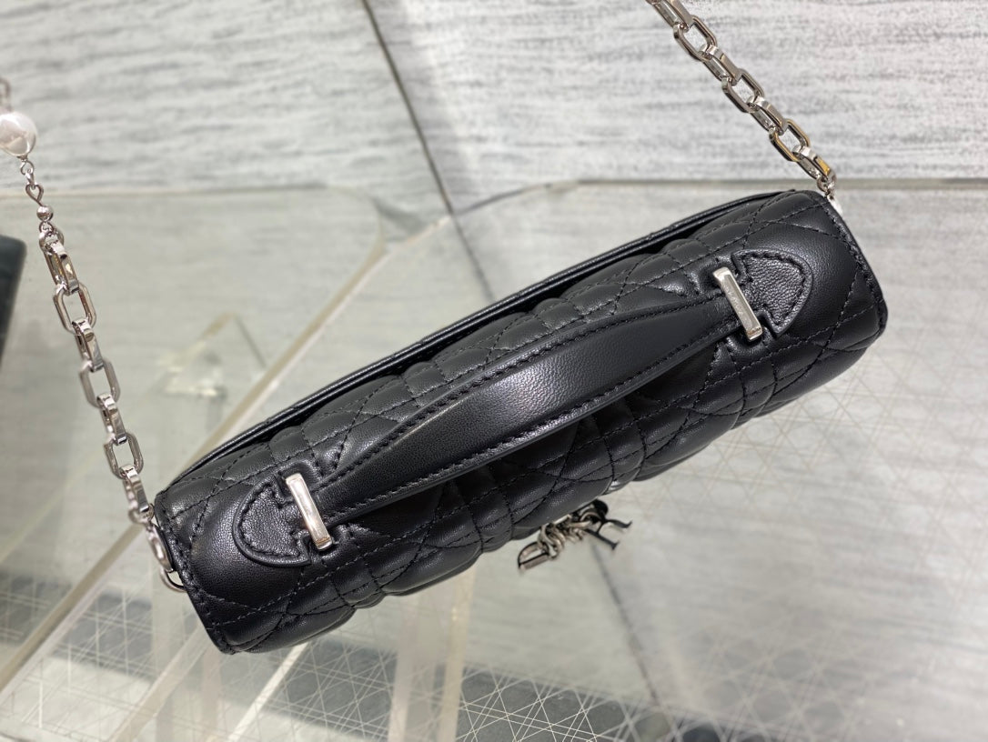 DIOR 25S  TALK PHONE POUCH 21 IN BLACK CANNAGE LAMBSKIN SILVER HARDWARE