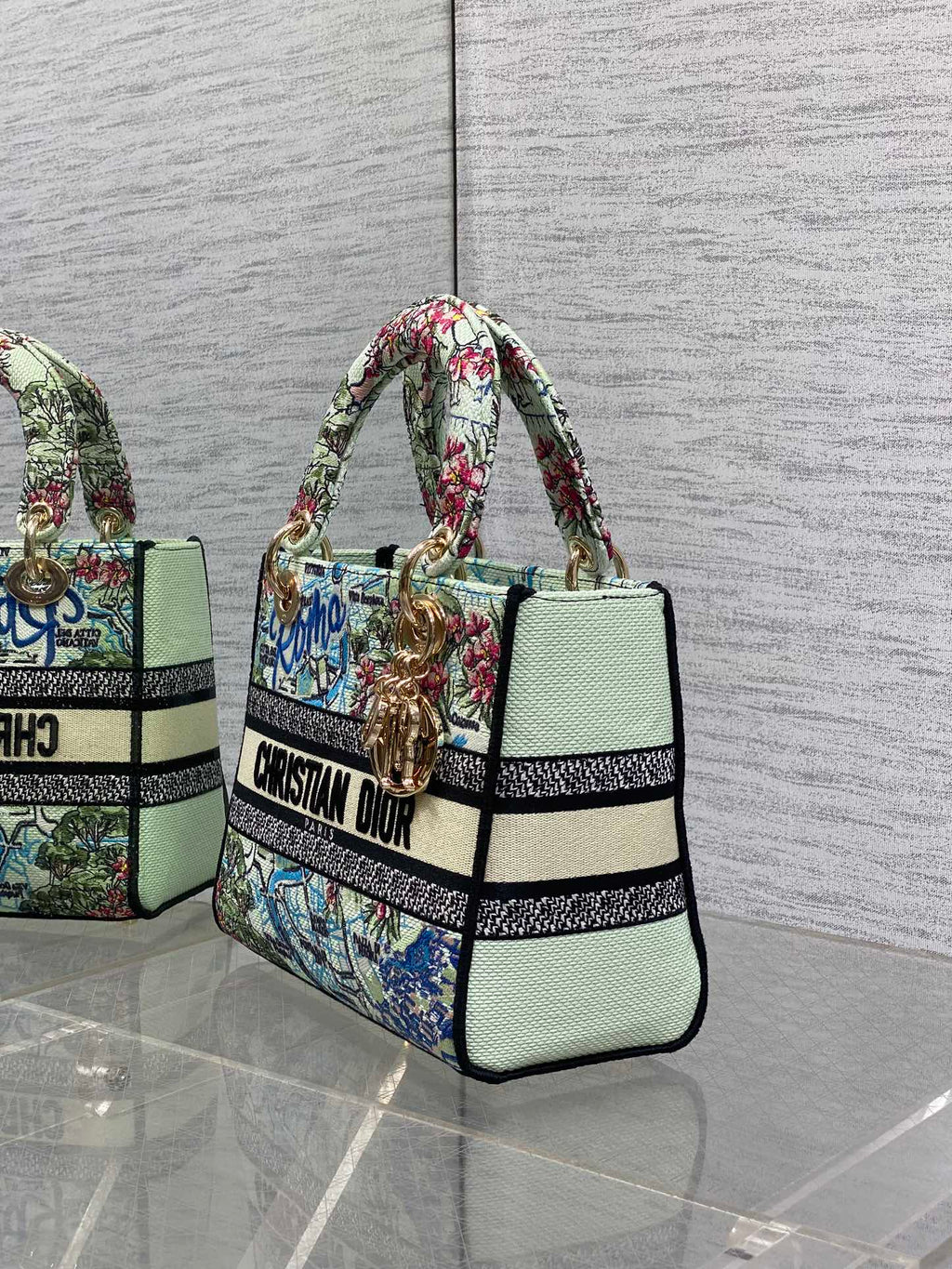 DIOR 25S SMALL LADY D-LITE BAG 24 IN BLUE AND WHITE CANVAS FLORAL EMBROIDERY