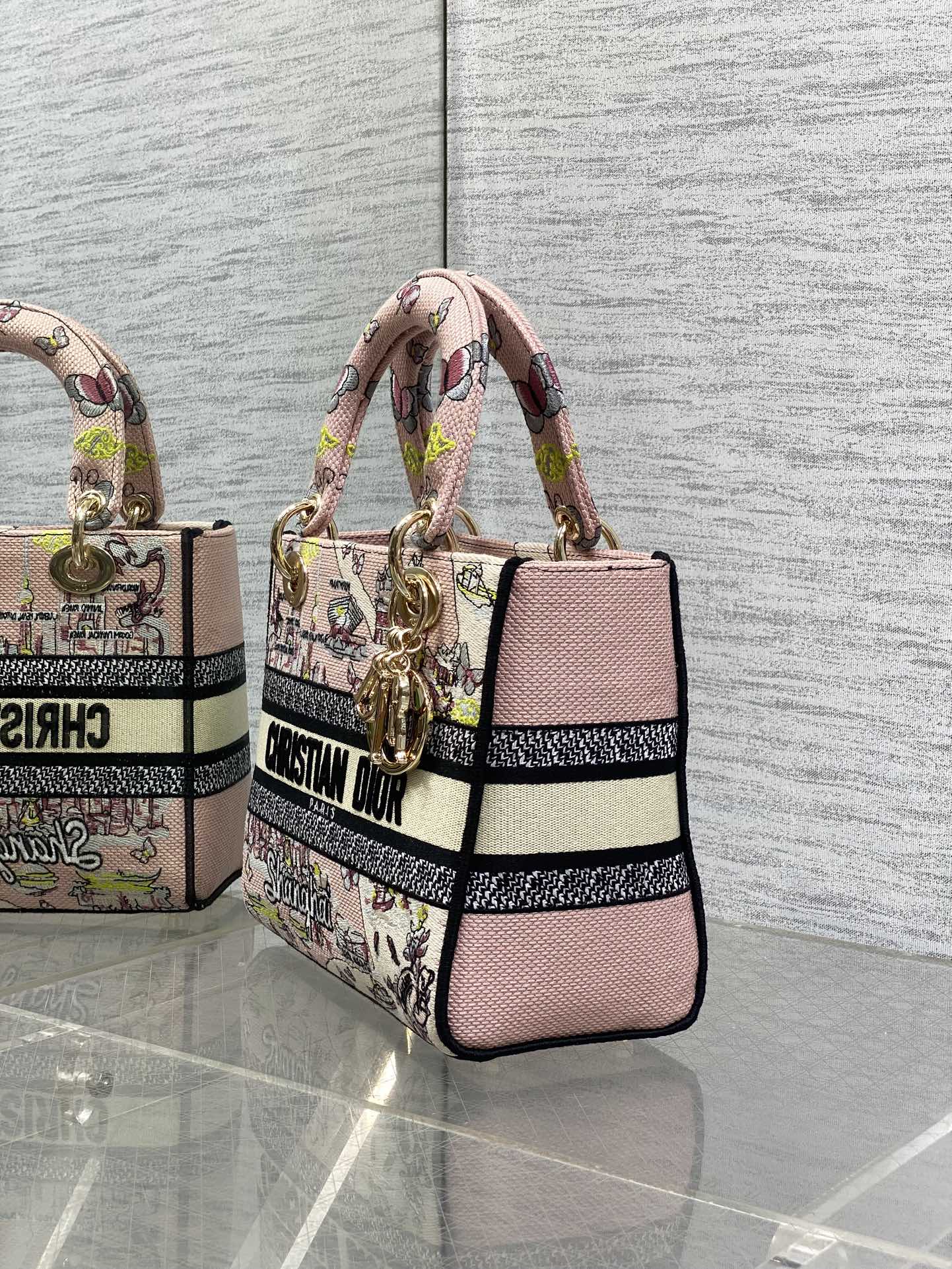 DIOR 25S SMALL LADY D-LITE BAG 24 IN PINK CANVAS  BUTTERFLY