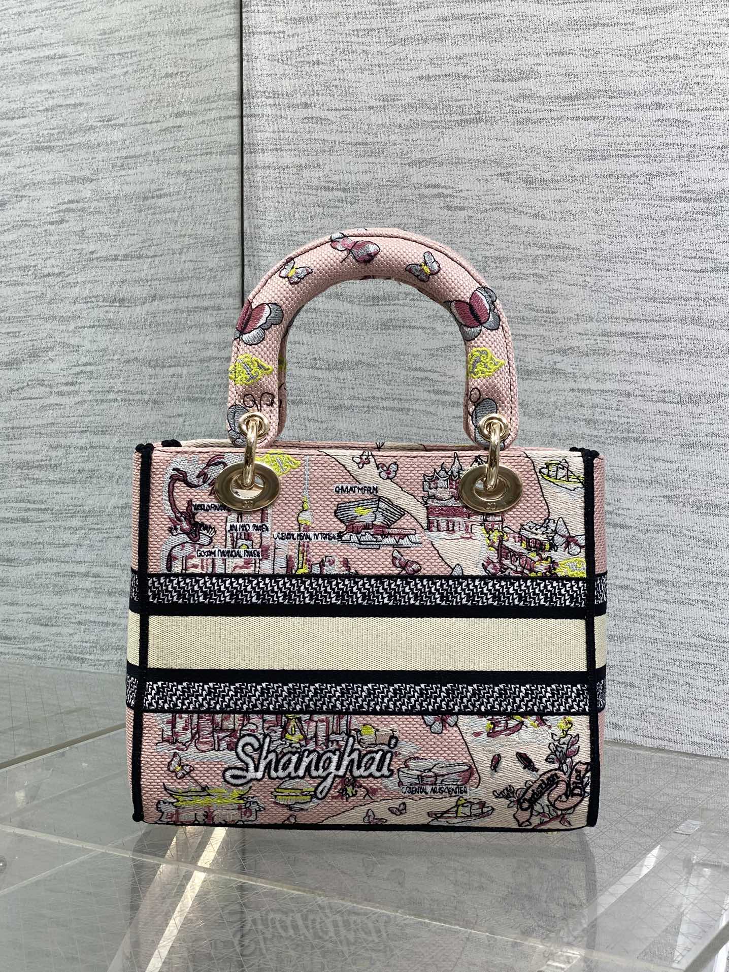 DIOR 25S SMALL LADY D-LITE BAG 24 IN PINK CANVAS  BUTTERFLY