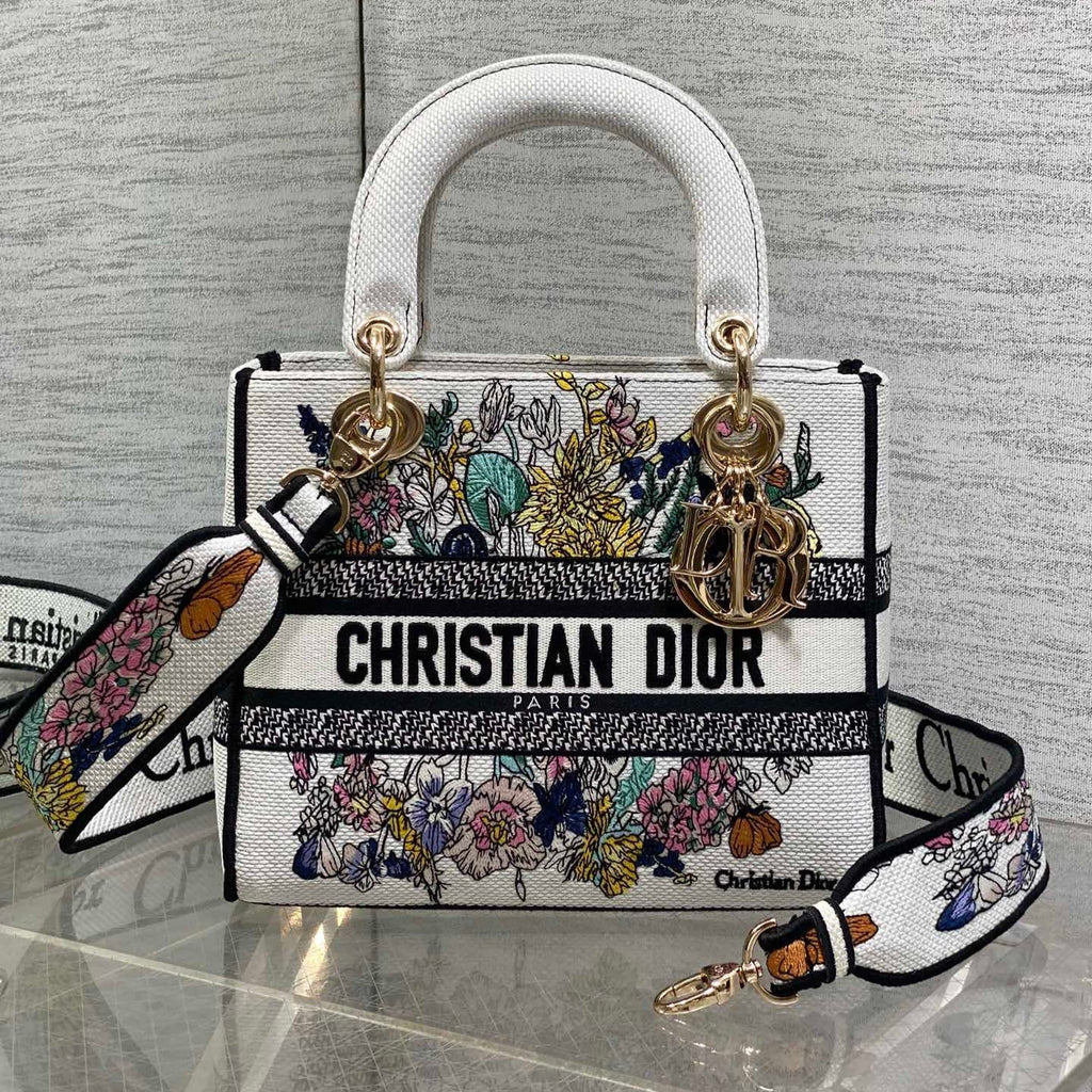 DIOR 25S SMALL LADY D-LITE BAG 24 IN WHITE  FLOWERS CALENDAR ALLOVER EMBROIDERY