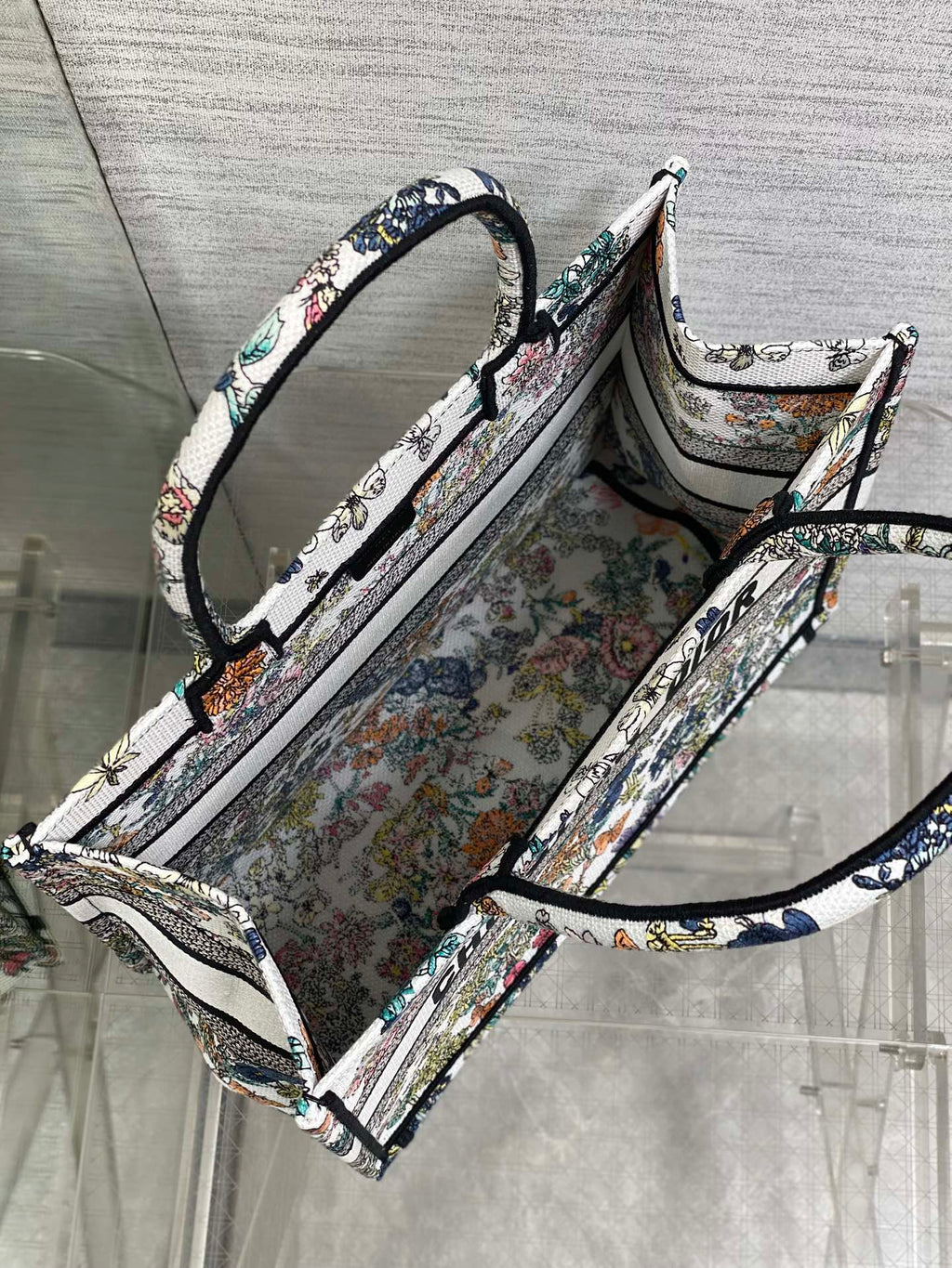 DIOR 25S LUCKY MEDIUM BOOK TOTE 36 IN MULTICOLOR COTTON FLOWERS CALENDAR ALLOVER EMBROIDERY