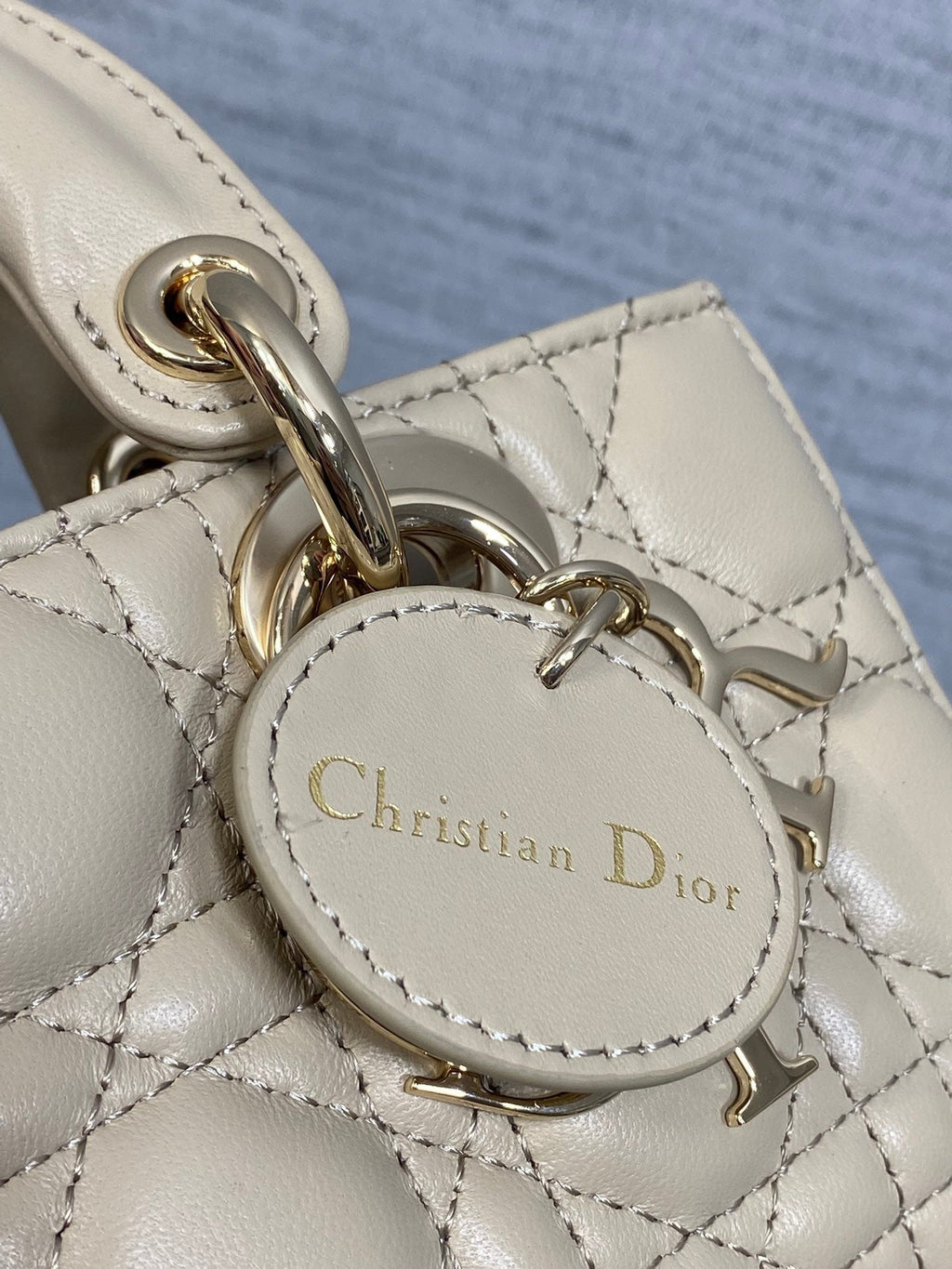 DIOR 25S MICRO LADY D-JOY 19 IN POWDER BEIGE CALFSKIN GOLD HARDWARE