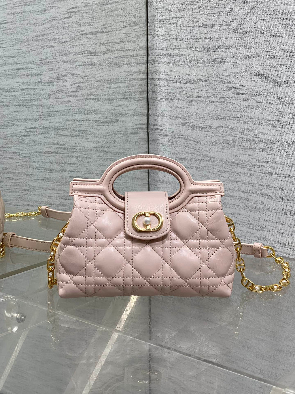 DIOR 25S JOLIE TOP HANDLE MINI BAG 18 IN BABY PINK CALFSKIN GOLD HARDWARE