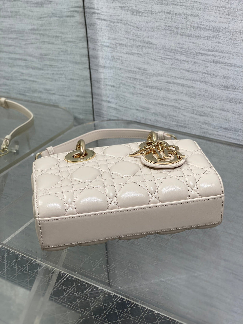 DIOR 25S MICRO LADY D-JOY 19 IN BEIGE CALFSKIN GOLD HARDWARE