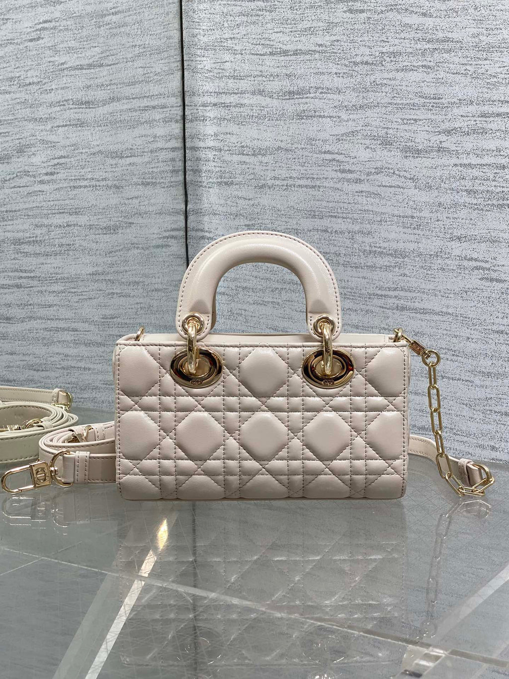 DIOR 25S MICRO LADY D-JOY 19 IN BEIGE CALFSKIN GOLD HARDWARE