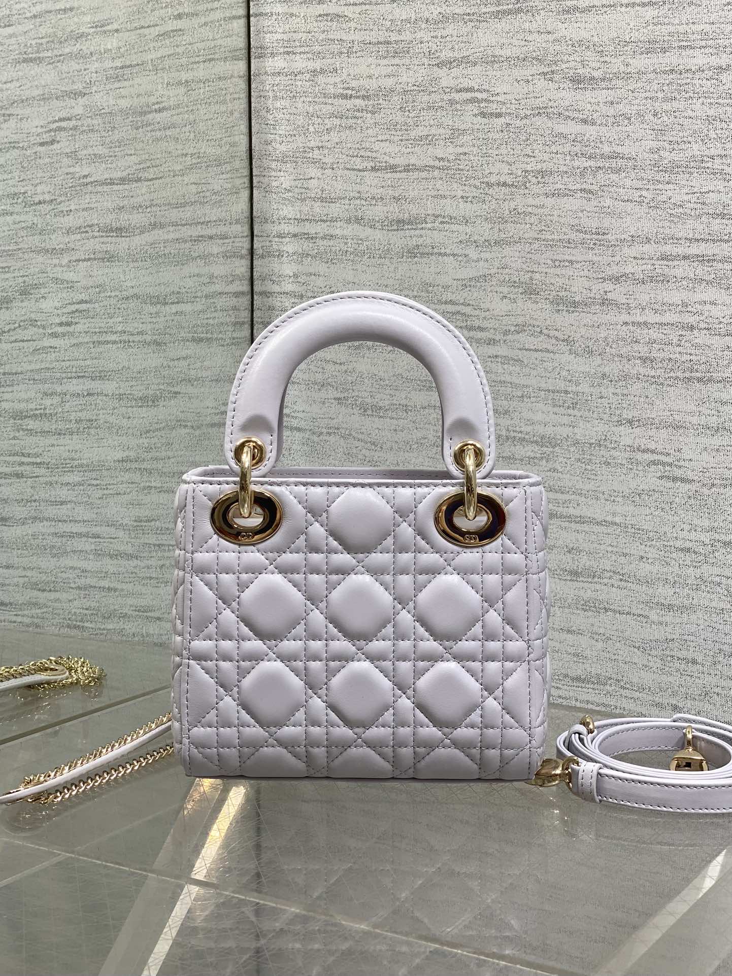 DIOR 25S MINI LADY  BAG 17 IN LILAC CANNAGE CALFSKIN GOLD HARDWARE