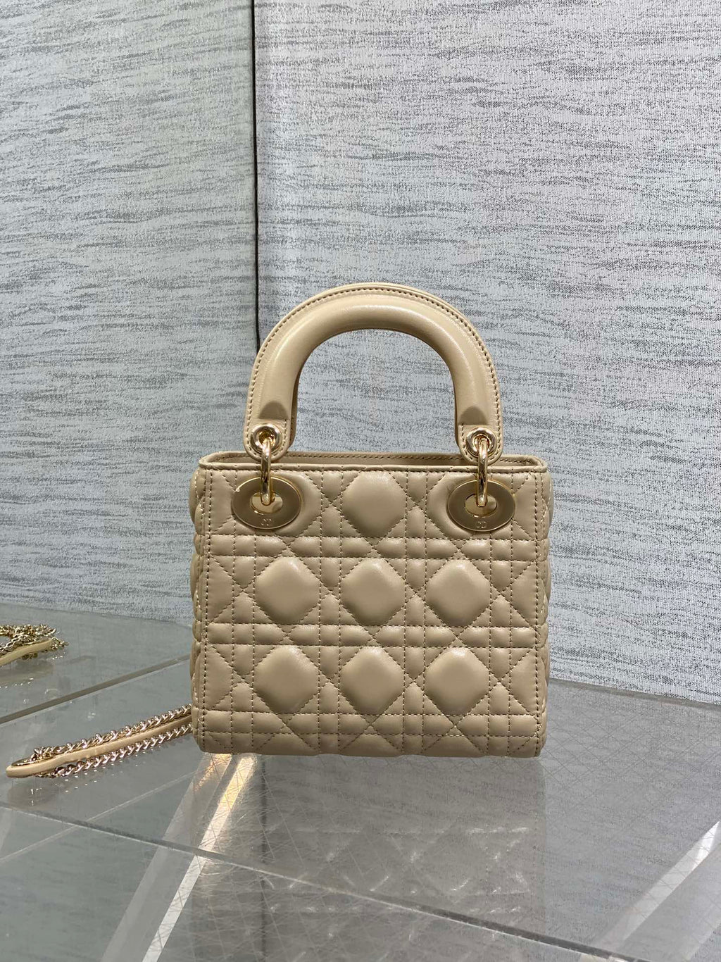 DIOR 25S MINI LADY  BAG 17 IN BISCUIT CALFSKIN CHARM CRYSTAL EMBELLISHMENTS
