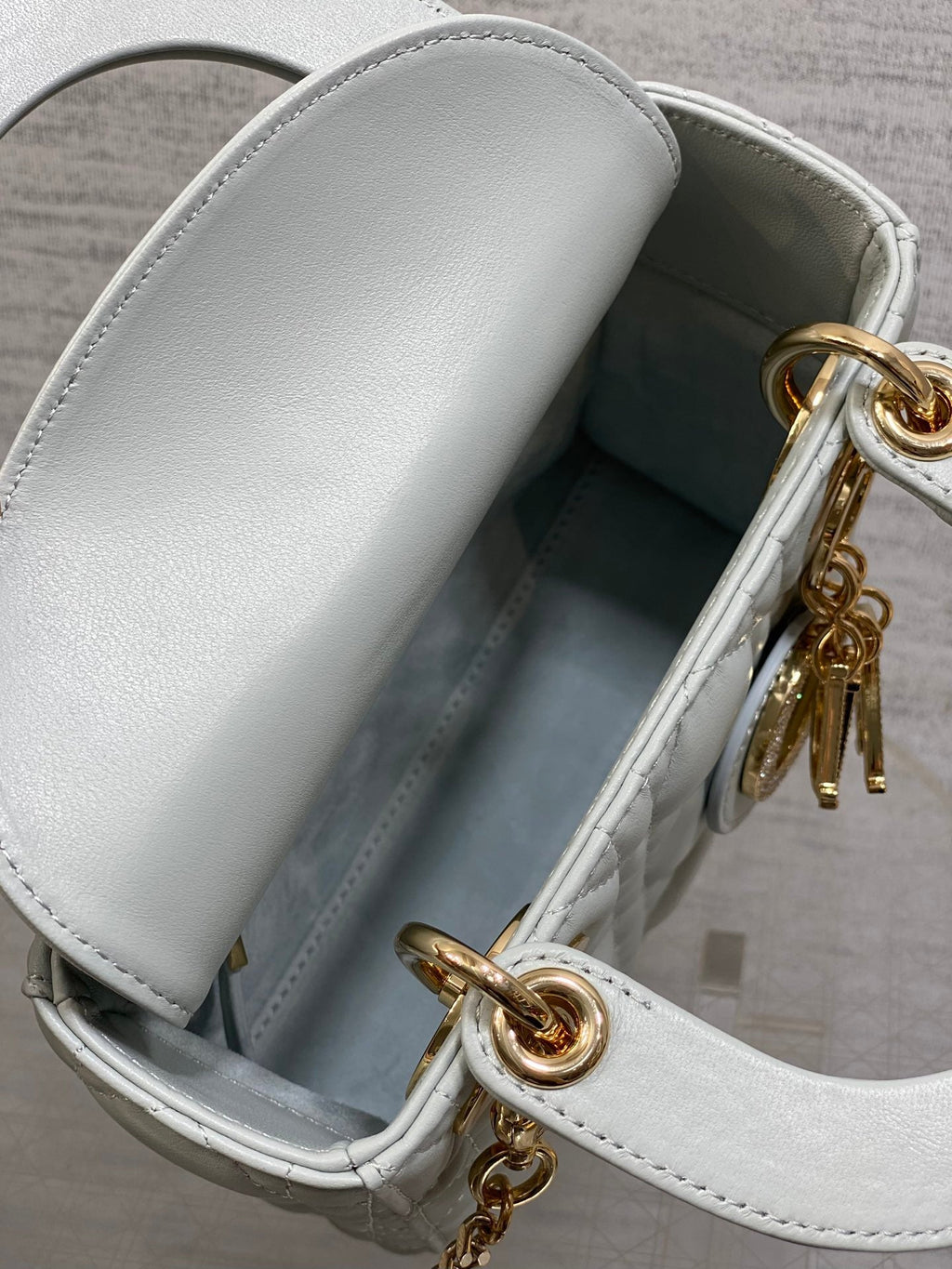 DIOR 25S MINI LADY  BAG 17 IN LIGHT BLUE CALFSKIN CHARM CRYSTAL EMBELLISHMENTS