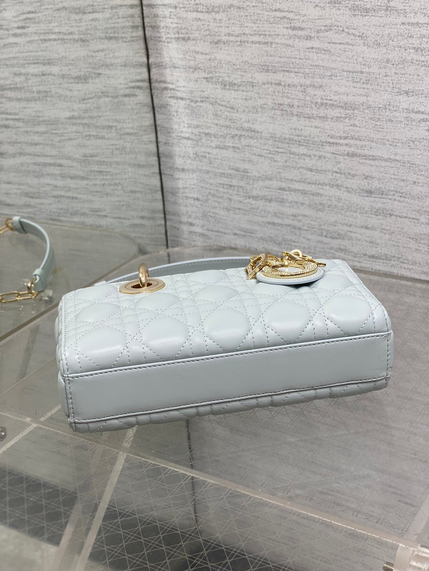 DIOR 25S SMALL LADY D‑JOY BAG 22 IN SHIRT BLUE CALFSKIN GOLD HARDWARE