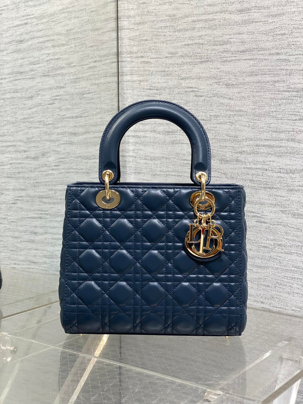 DIOR 25S MEDIUM LADY BAG 24 IN DEEP OCEAN BLUE CALFSKIN GOLD HARDWARE