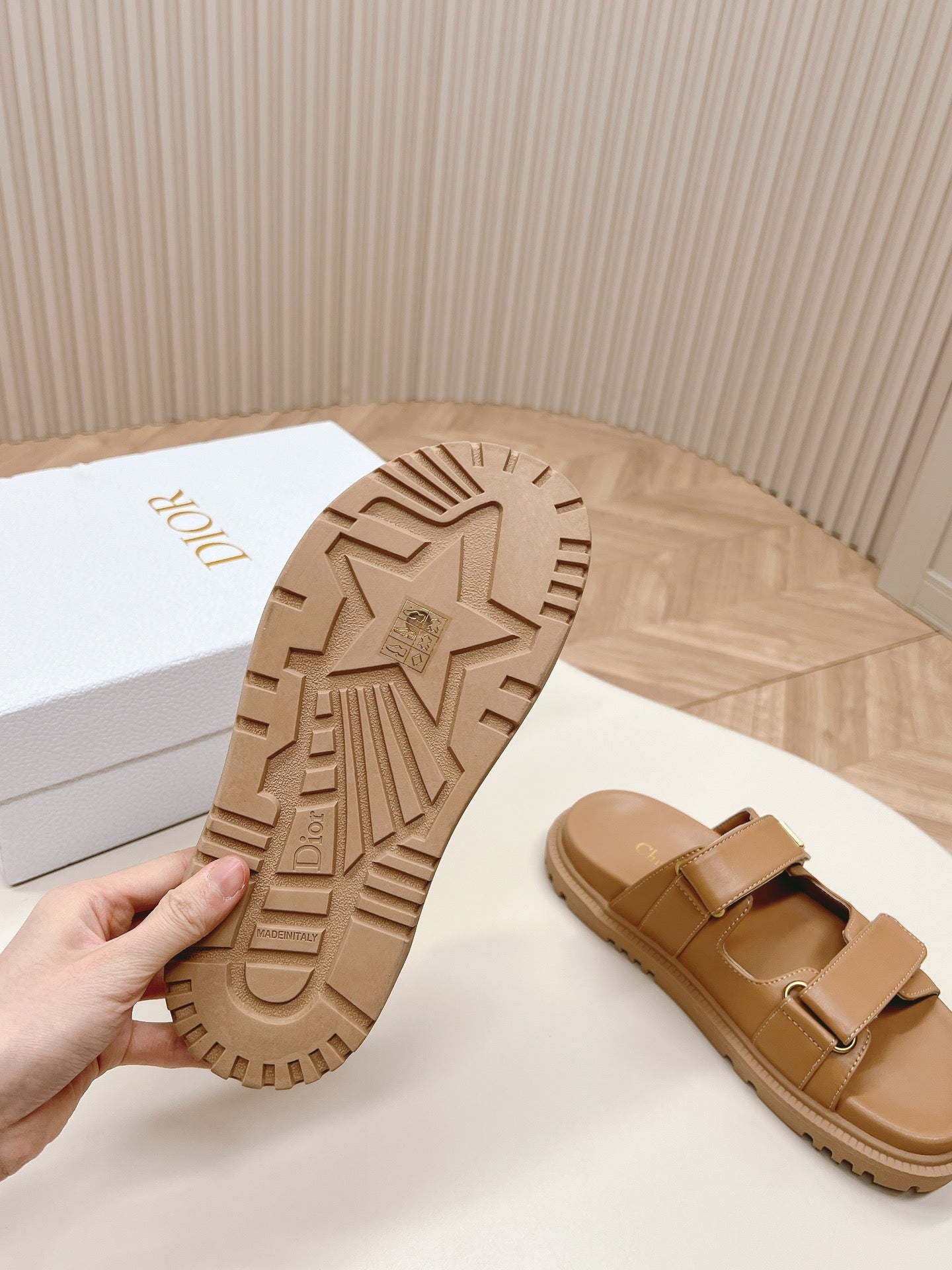 DIOR CLASSIC DOUBLE-STRAP SLIDES 25S IN LIGHT BROWN CALFSKIN