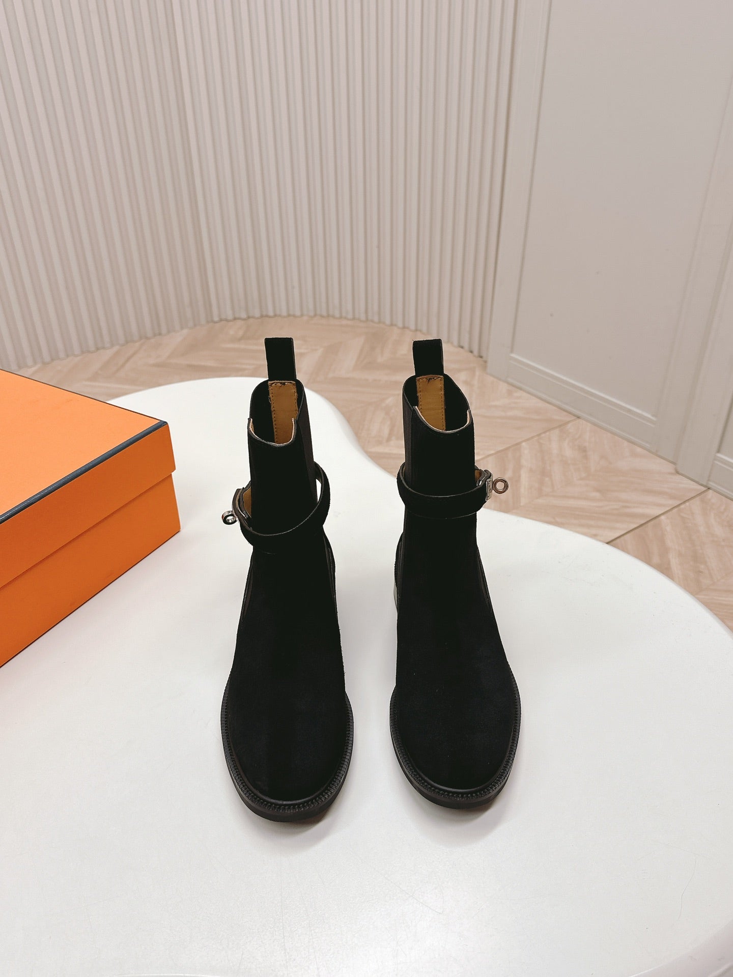 HERMES KELLY BUCKLE SHORT BOOTS IN BLACK SUEDE