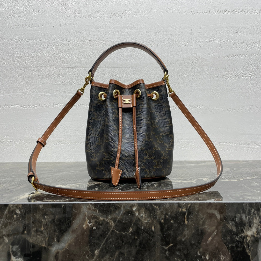 CELINE CLARA BAG 19 IN BLACK TRIOMPHE CANVAS AND BROWN CALFSKIN TRIM