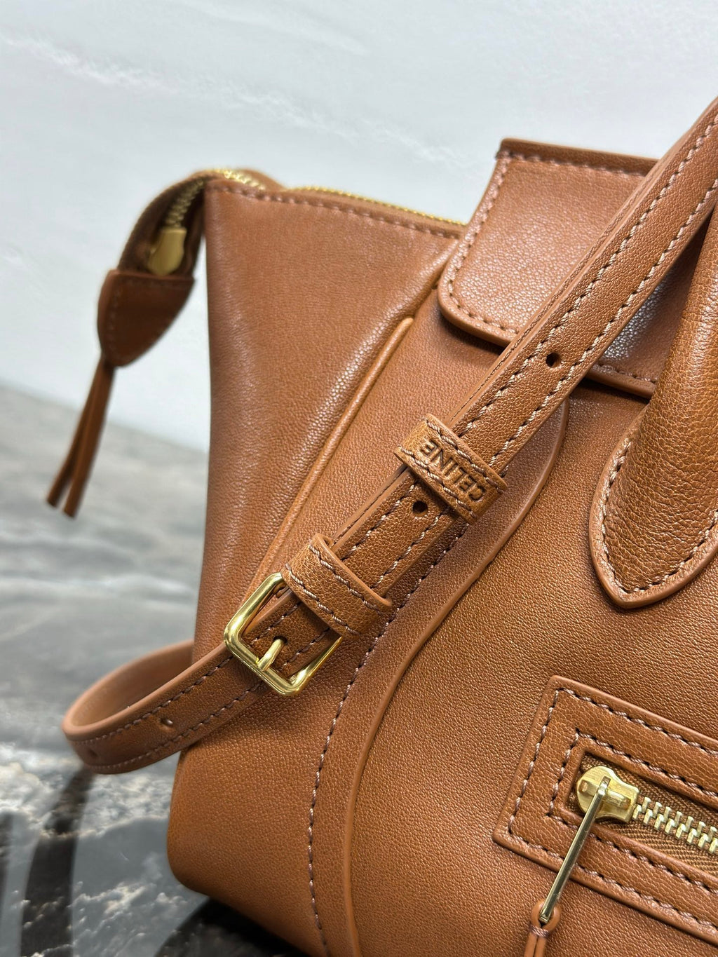 CELINE 25S NEW LUGGAGE 38MM IN TAN BROWN LAMBSKIN GOLD HARDWARE