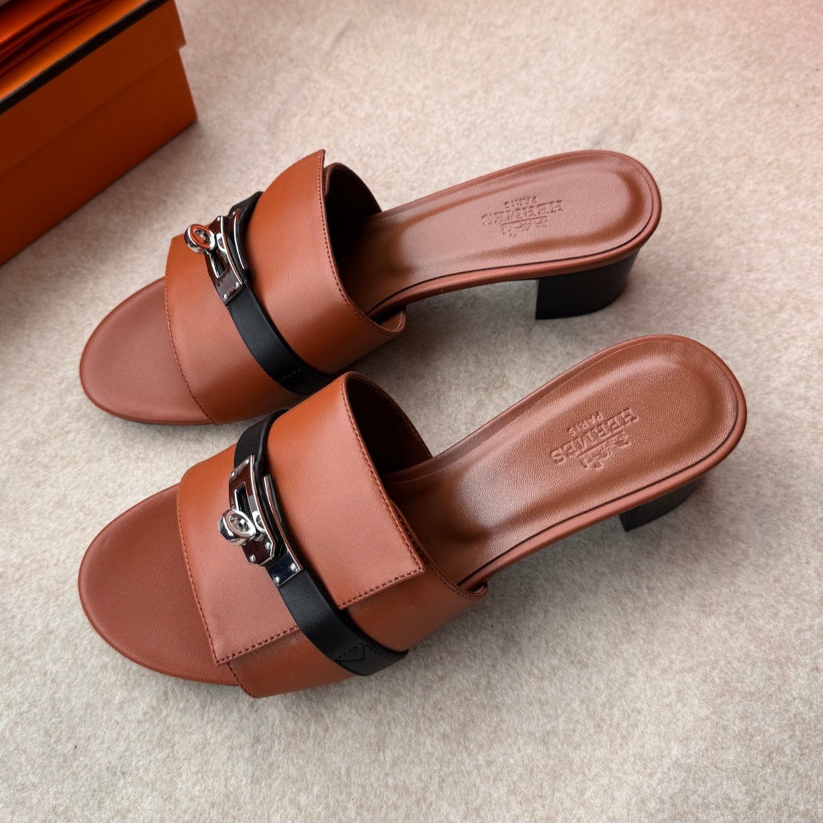 HERMES HIGH MULES IN BRONZE BROWN MIX BLACK CALFSKIN