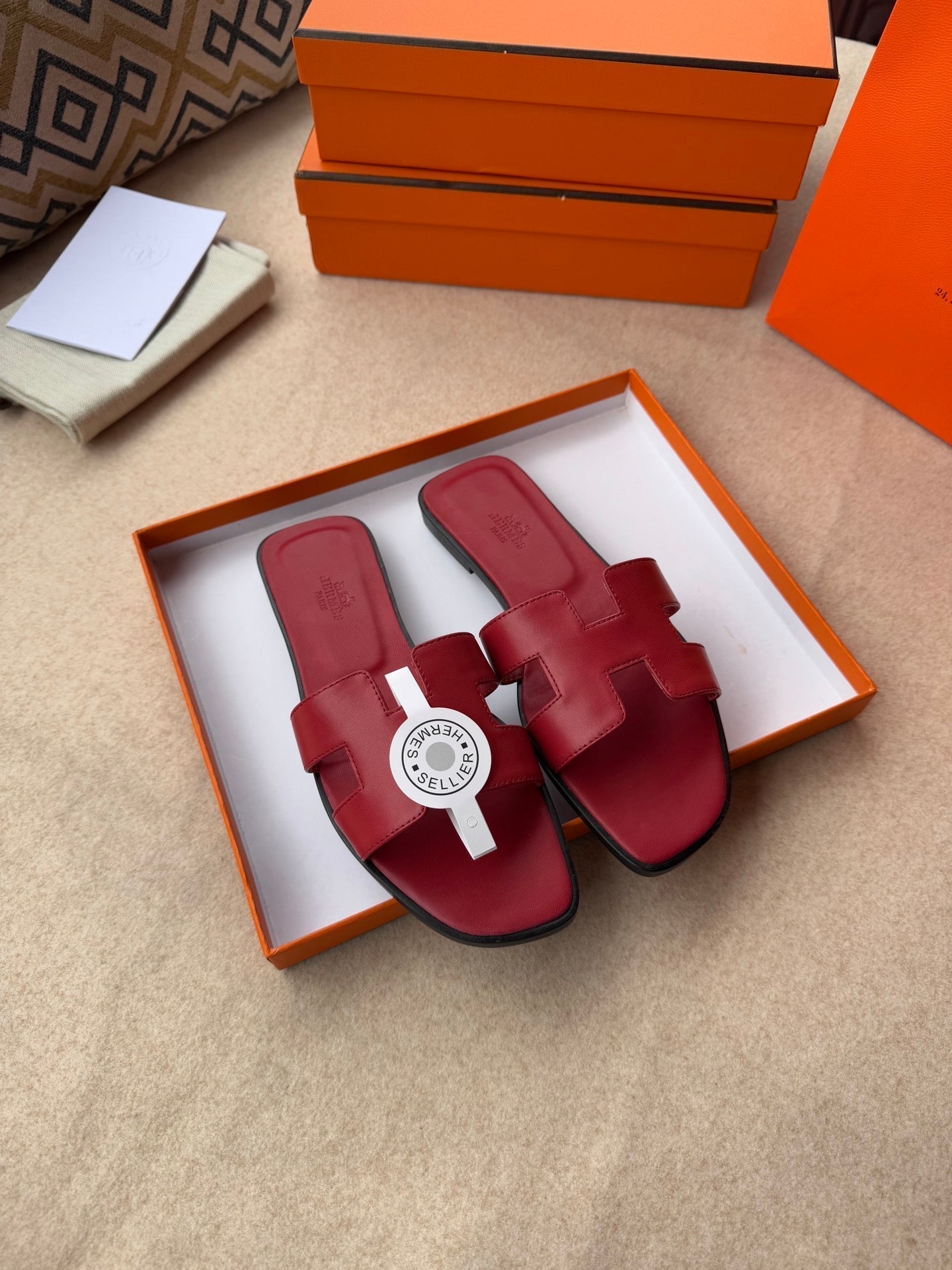 HERMES 0RAN SANDALS IN JAM RED CALFSKIN