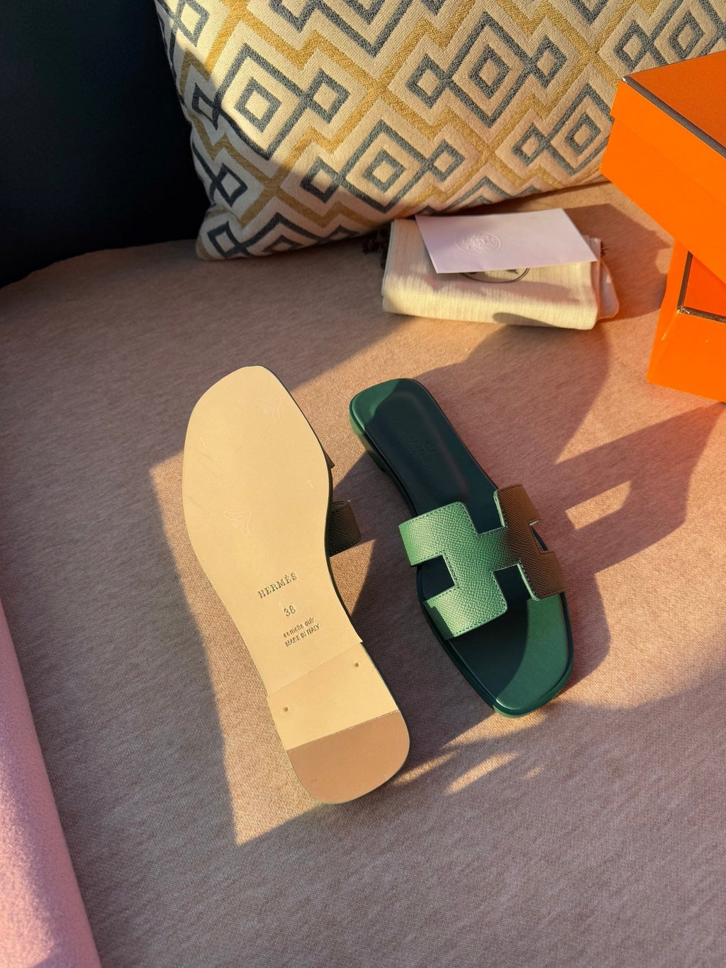 HERMES 0RAN SANDALS IN HUNTER GREEN CALFSKIN