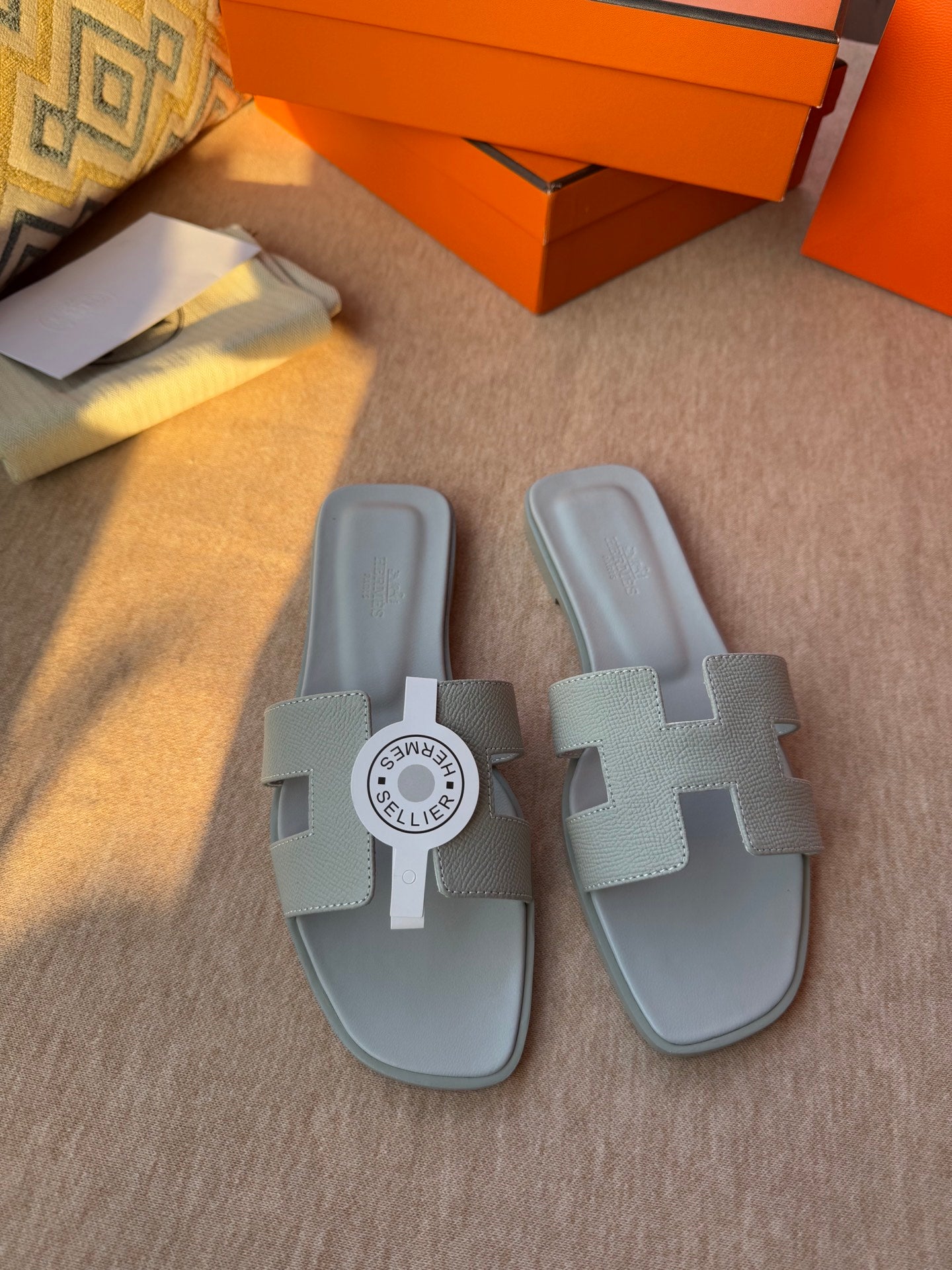 HERMES 0RAN SANDALS IN WARM GRAY CALFSKIN