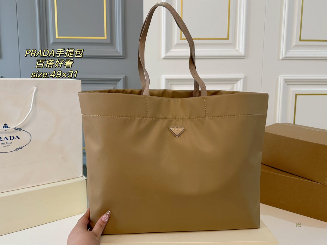 PRADA 49 TOTE BAG IN CAMEL BROWN RE-NYLON