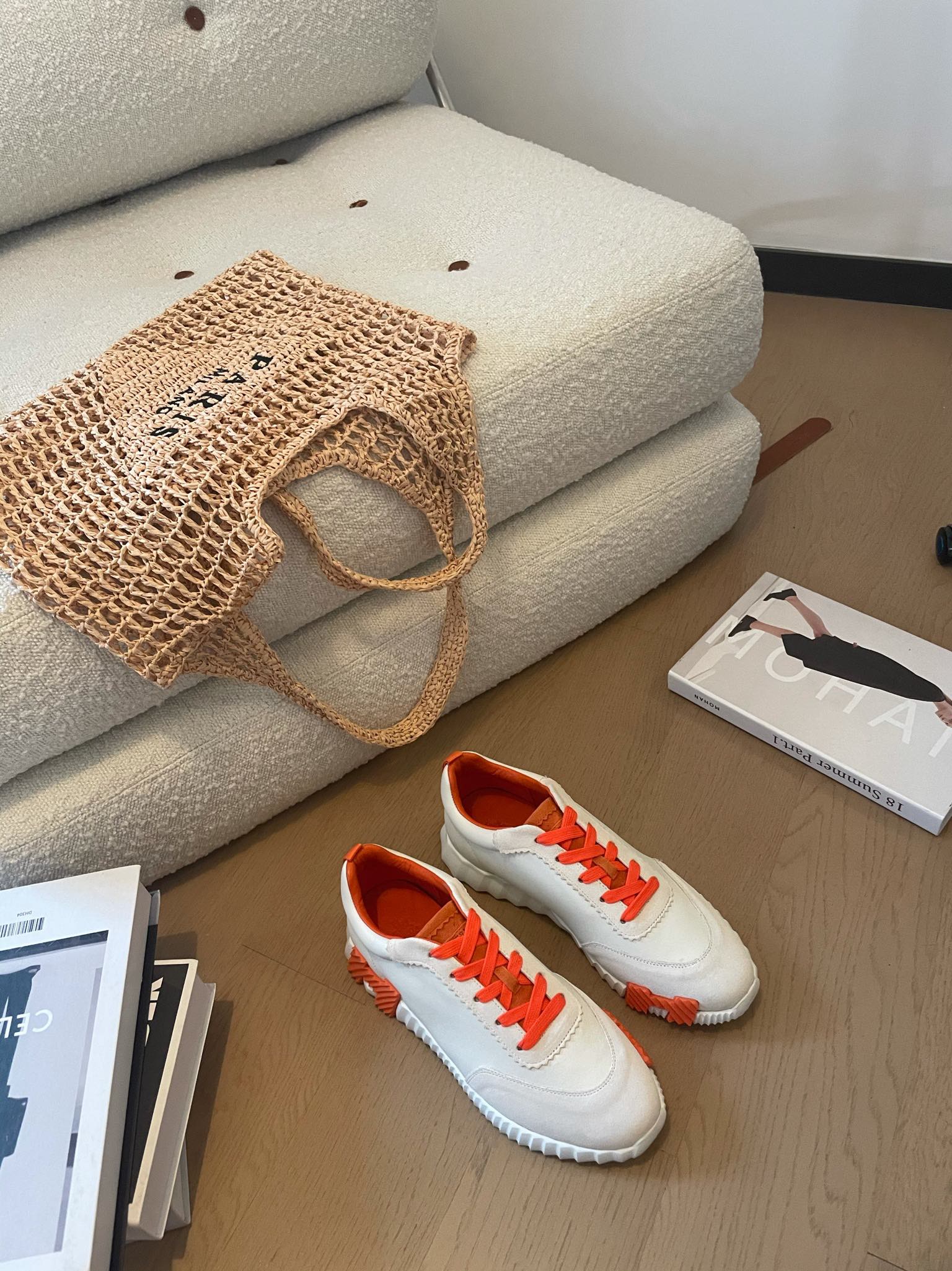 HERMES BOUNCING SNEAKERS WHITE CALFSKIN WITH ORANGE LACES
