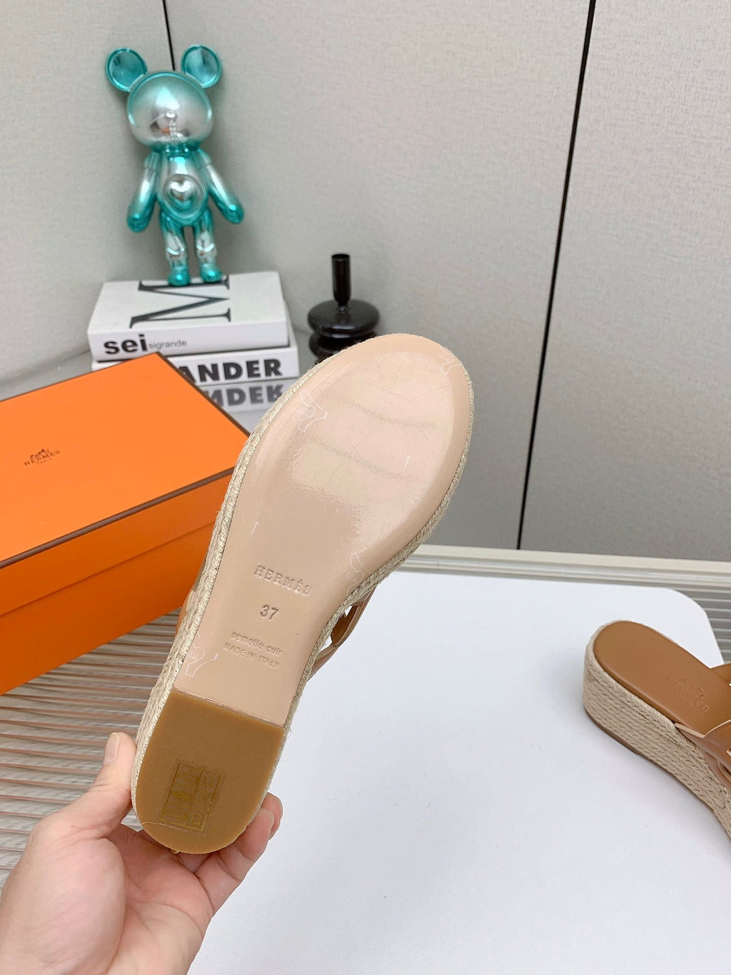 HERMES ITHEA 85 MM ESPADRILLE IN BRONZE BROWN CALFSKIN