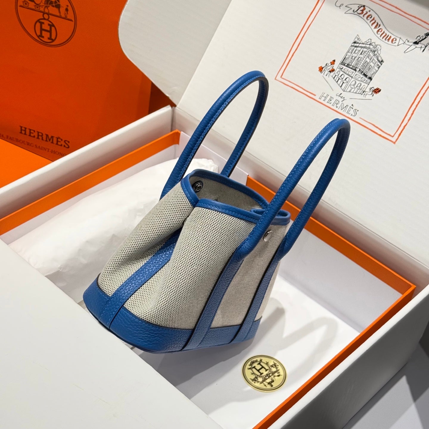 HERMES GARDEN PARTY 23CM IN WHITE MIX BLACK TOILETS COTTON CANVAS AND BLUE CALFSKIN