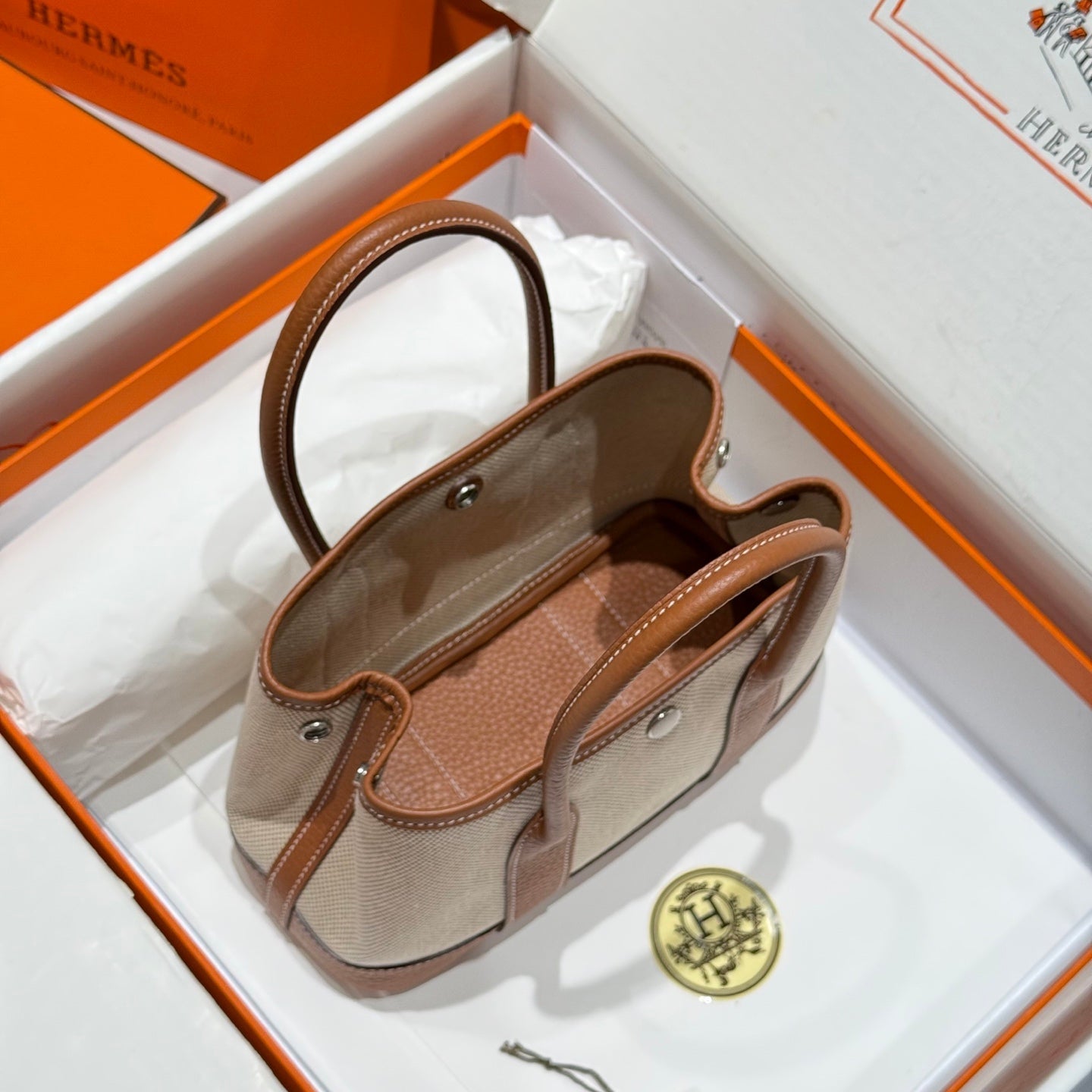 HERMES GARDEN PARTY 23CM IN WHITE TOILETS COTTON CANVAS AND BROWN CALFSKIN