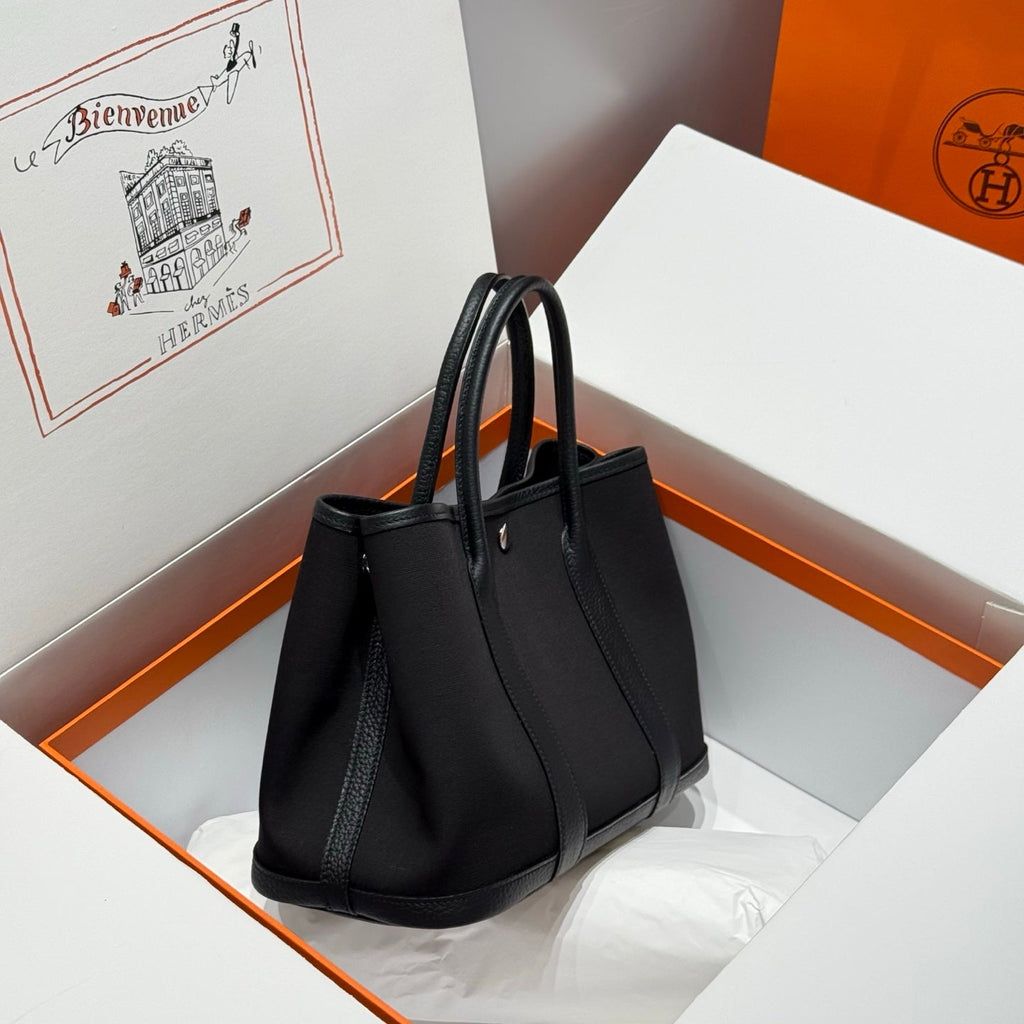 HERMES GARDEN PARTY 30CM IN BLACK TOILETS COTTON CANVAS AND CALFSKIN