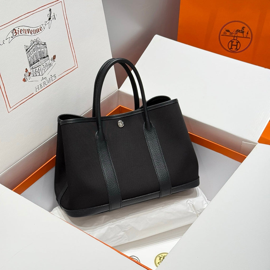 HERMES GARDEN PARTY 30CM IN BLACK TOILETS COTTON CANVAS AND CALFSKIN