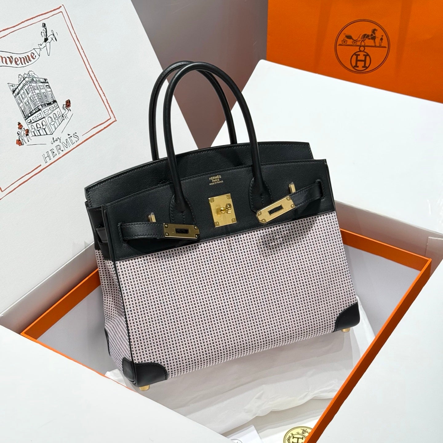 HERMES QUADRILLE BIRKIN 30CM IN BLACK SWIFT CALFSKIN WHITE BLUE PINK PLAID TOILE CANVAS