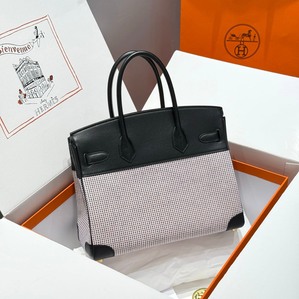 HERMES QUADRILLE BIRKIN 30CM IN BLACK SWIFT CALFSKIN WHITE BLUE PINK PLAID TOILE CANVAS