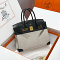 HERMES QUADRILLE BIRKIN 30CM IN BLACK SWIFT CALFSKIN WHITE BLACK PLAID TOILE CANVAS