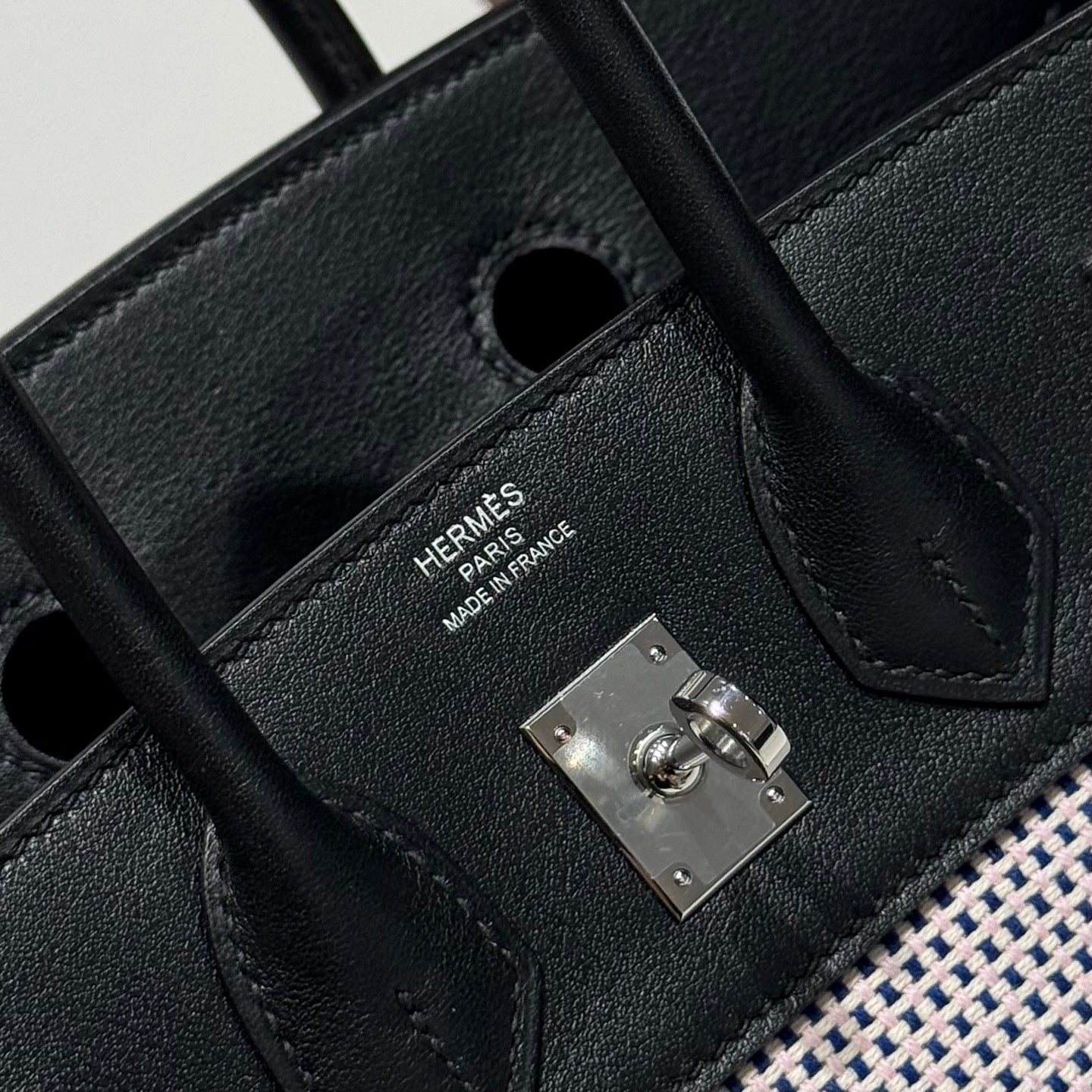 HERMES QUADRILLE BIRKIN 25CM IN BLACK SWIFT CALFSKIN WHITE BLUE PINK PLAID TOILE CANVAS