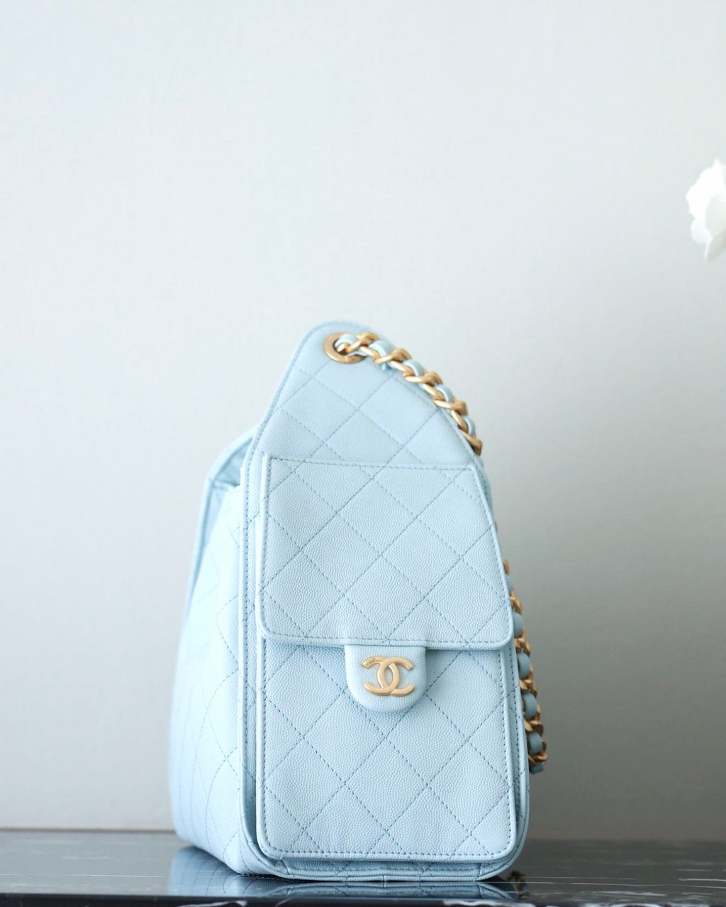 CHANEL 25S HOBO BAG 30 CM IN PASTEL BLUE LAMBSKIN WITH GOLD HARDWARE