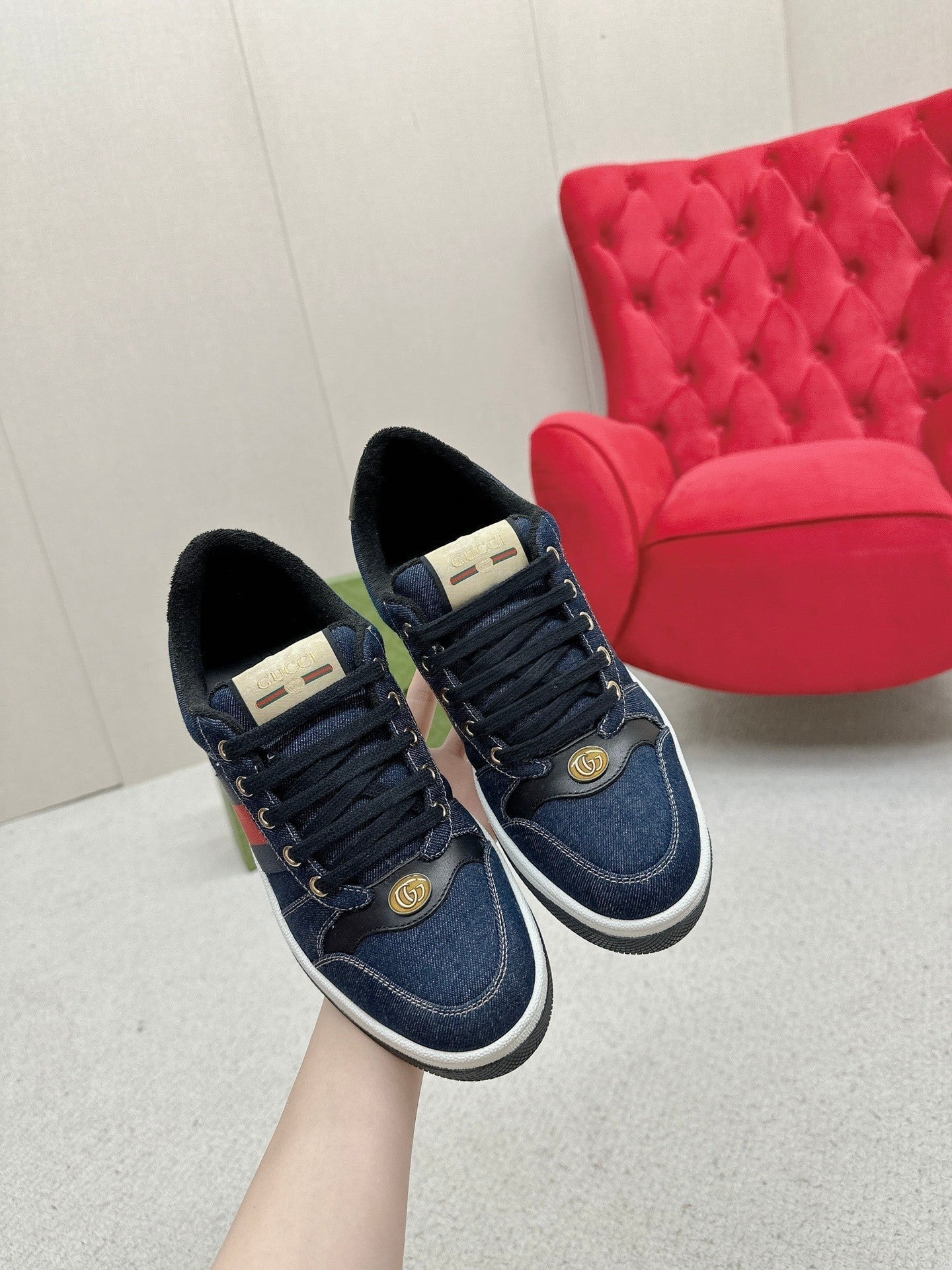 GUCCI WOMEN'S SCREENER TRAINER DENIM CALFSKIN