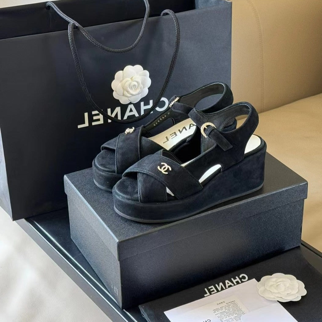 CHANEL CLASSIC WEDGE SANDALS IN BLACK LAMBSKIN SUEDE