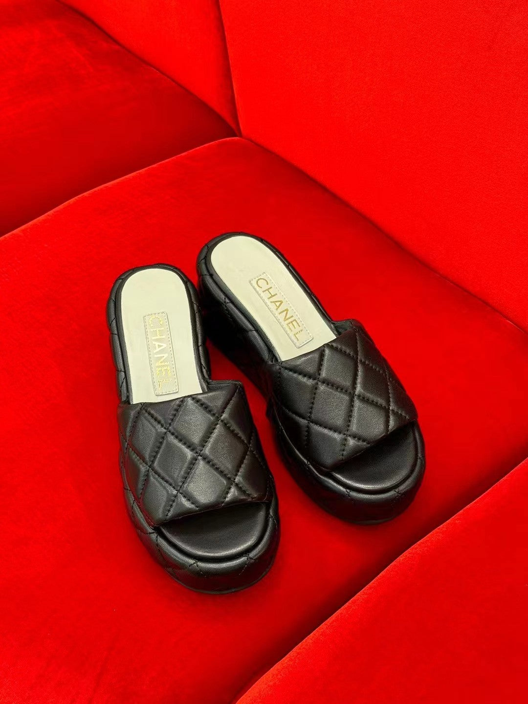 CHANEL WEDGE HEELS BLACK LAMBSKIN